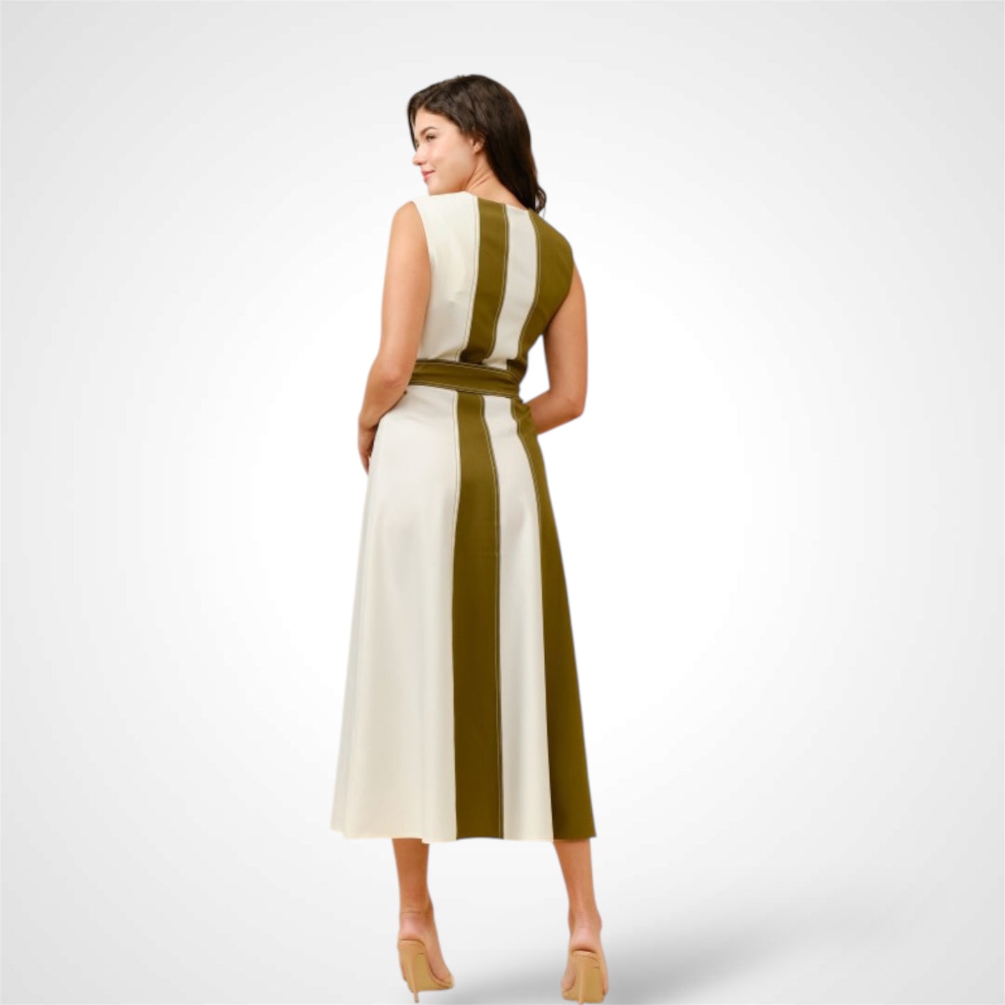 OLIVE/IVORY SLEEVELESS COLOR-BLOCK MIDI DRESS