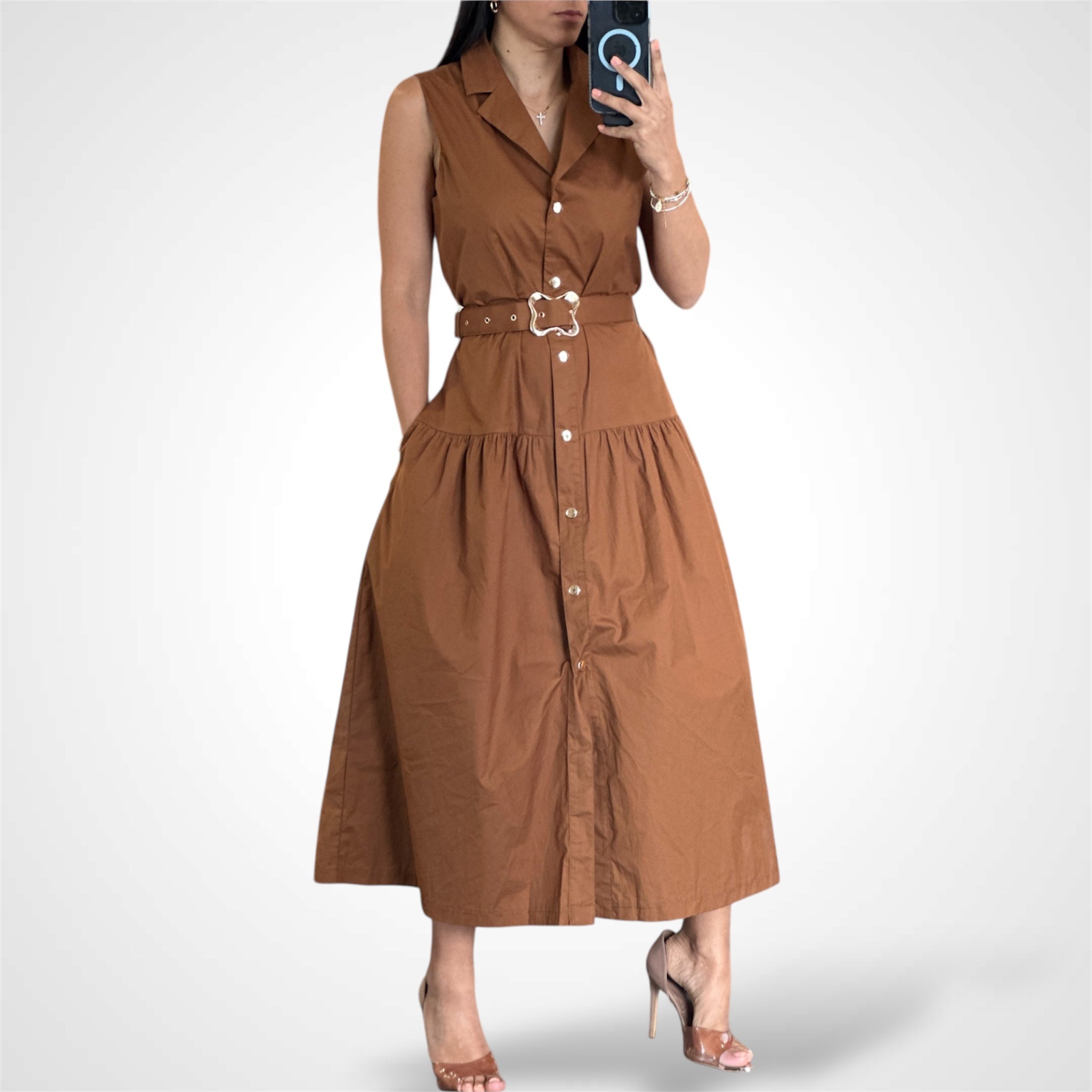 BELTED GOLD BUTTON MIDI SHIRT DRESS