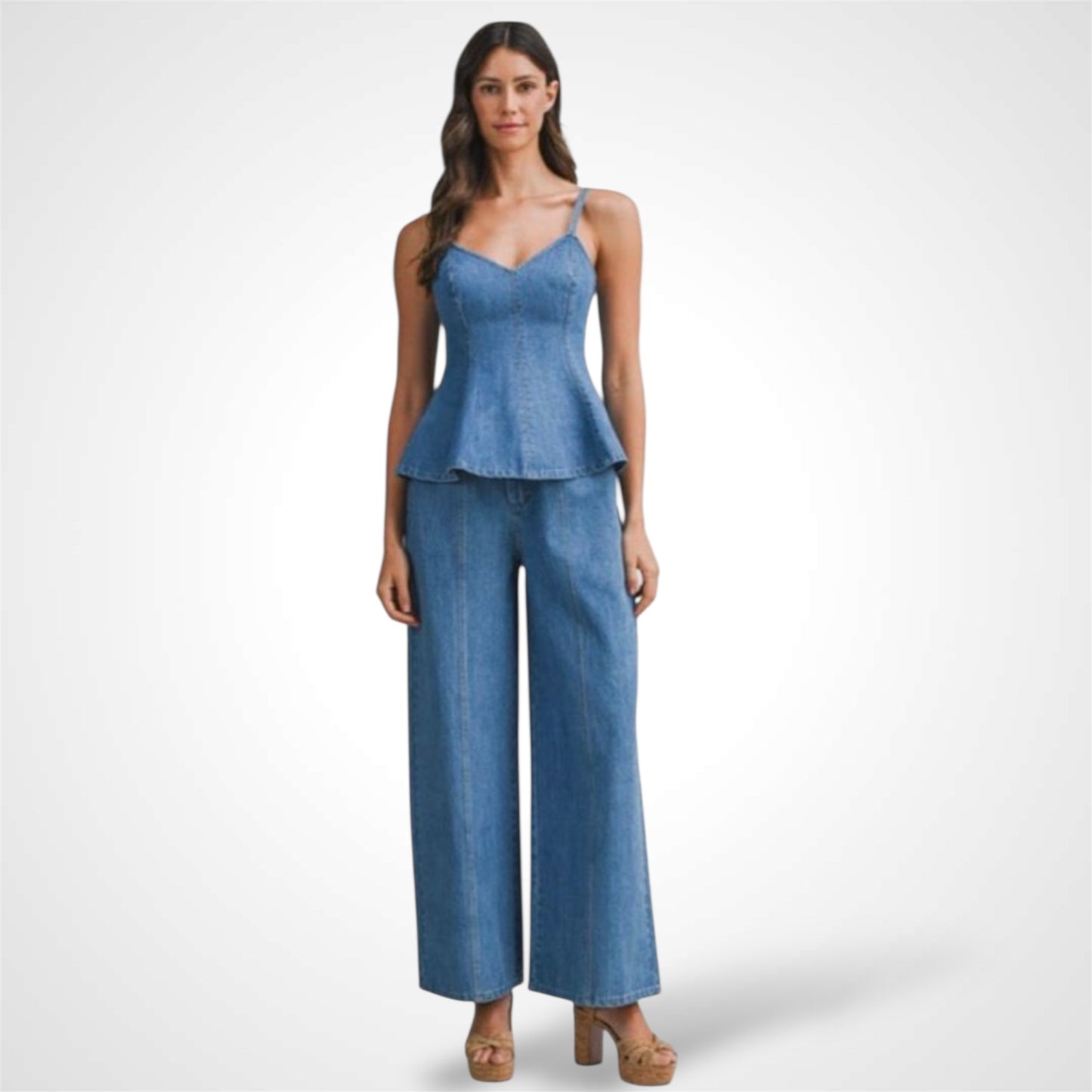 SJQ-DENIM GODET TOP AND LONG PANTS SET
