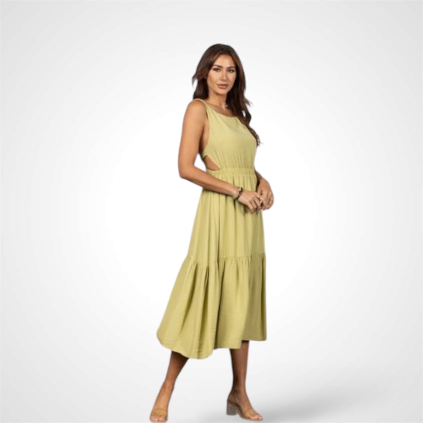 Sage Cut-out Waist Open Back Ruffled Maxi Dress