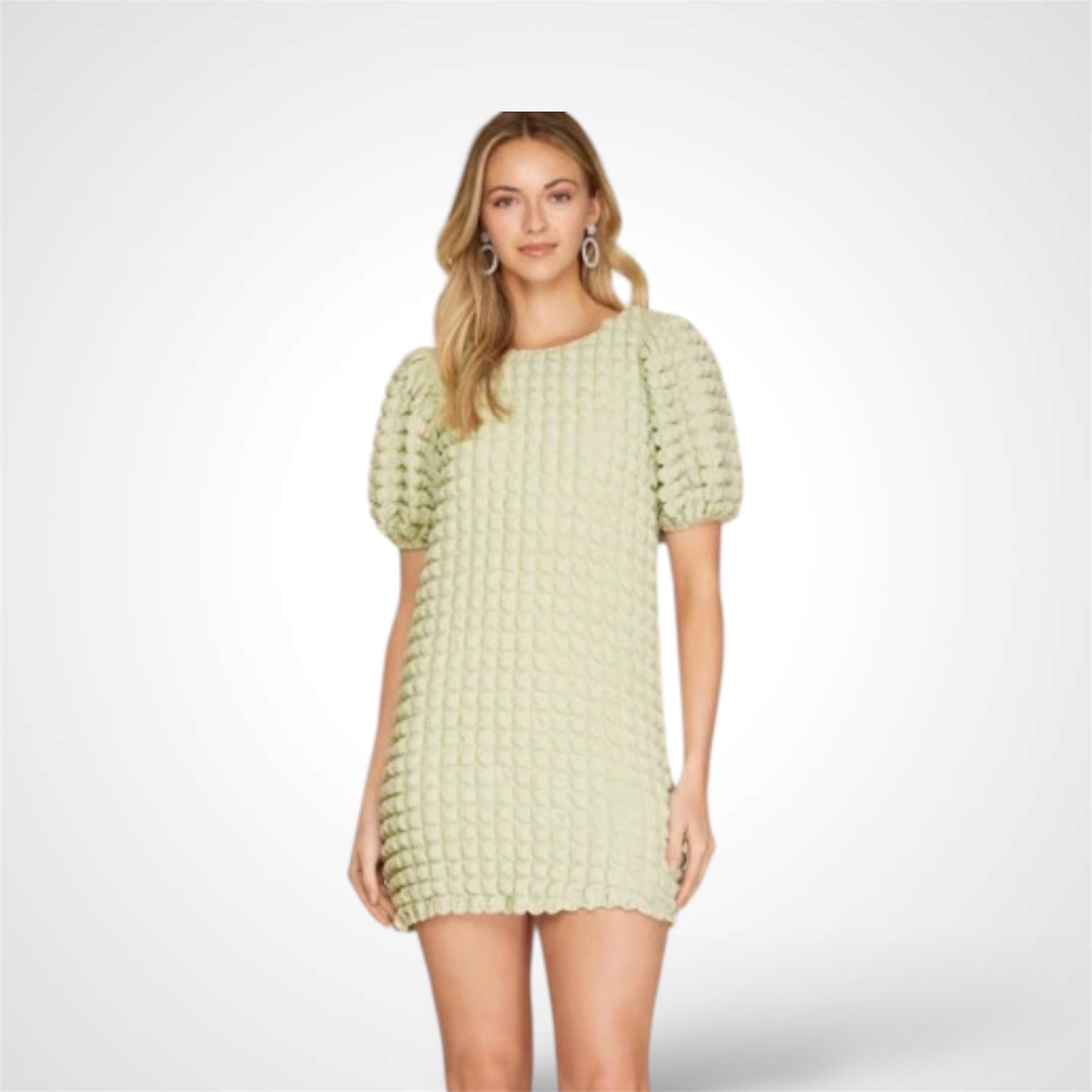 Puff Short Sleeves Textured Woven Mini Dress