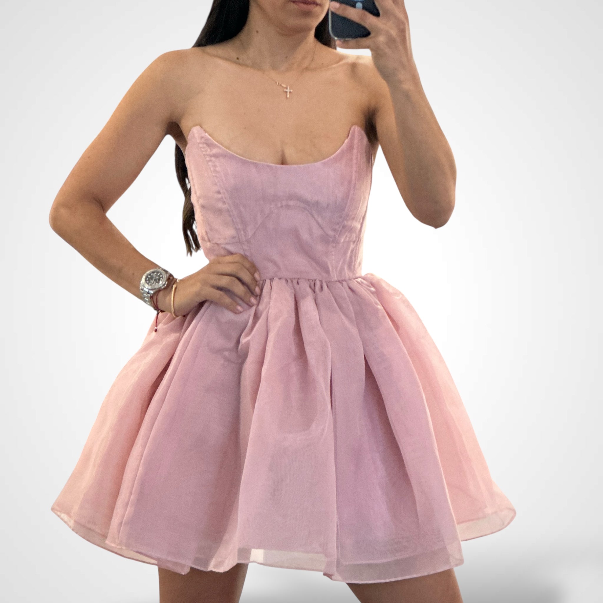 SOLID COLOR BABY DOLL STYLE SHEER MINI DRESS•-1