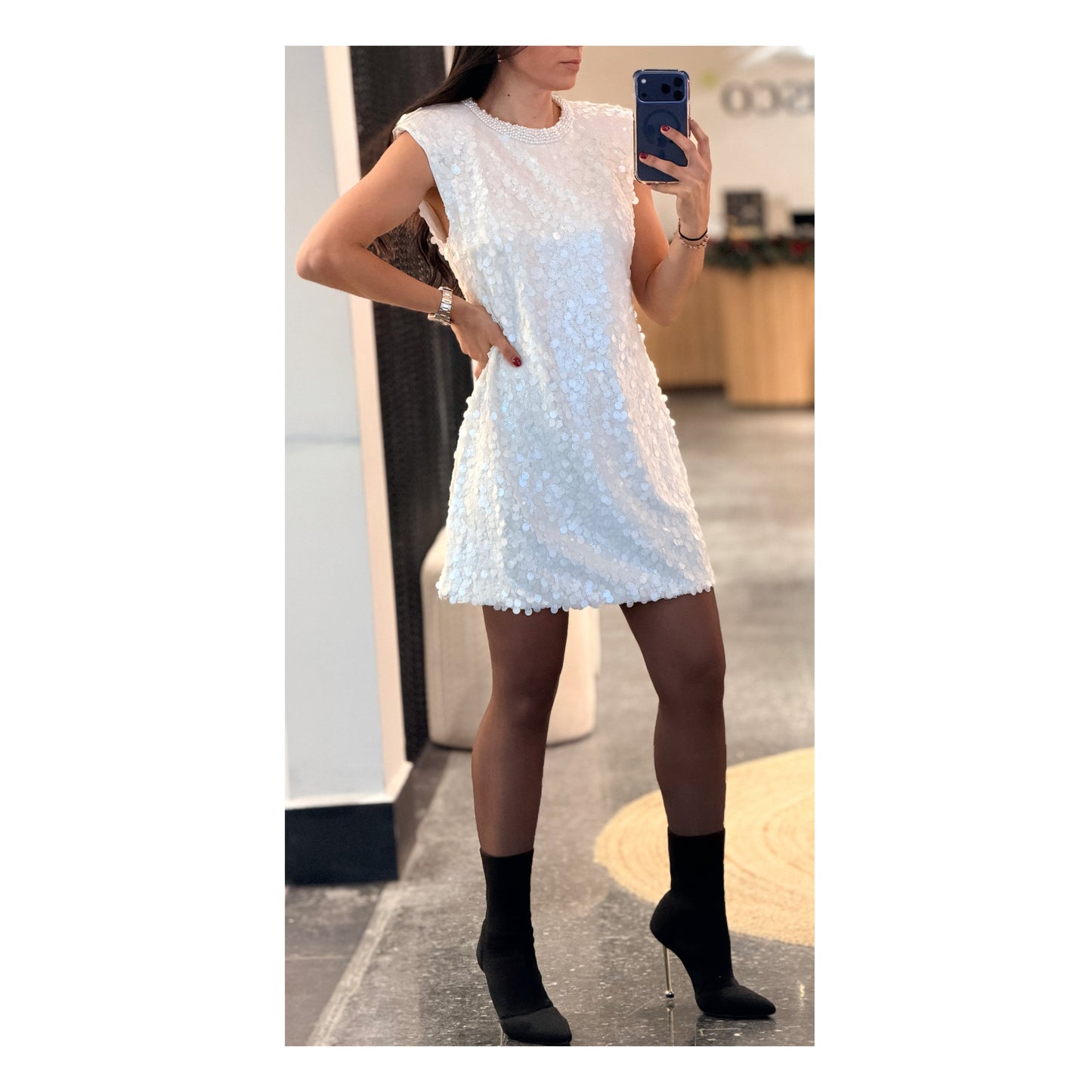 Sequin Sleeveless Pearl
Beaded Neckline Mini Dress