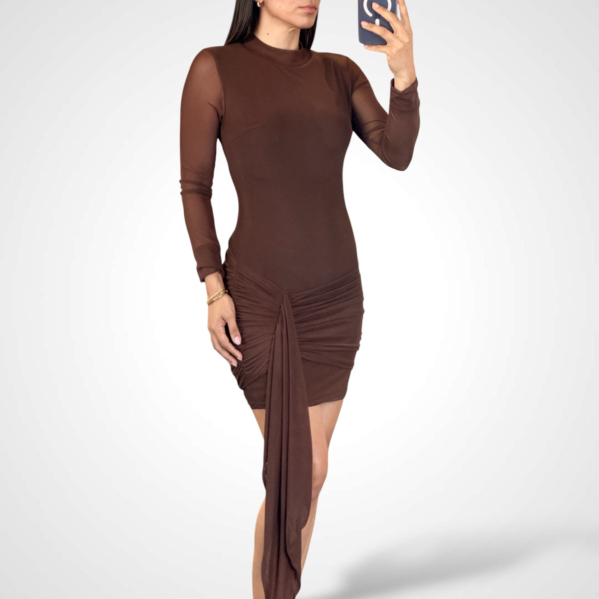 Mocha Drape Mini Dress-2