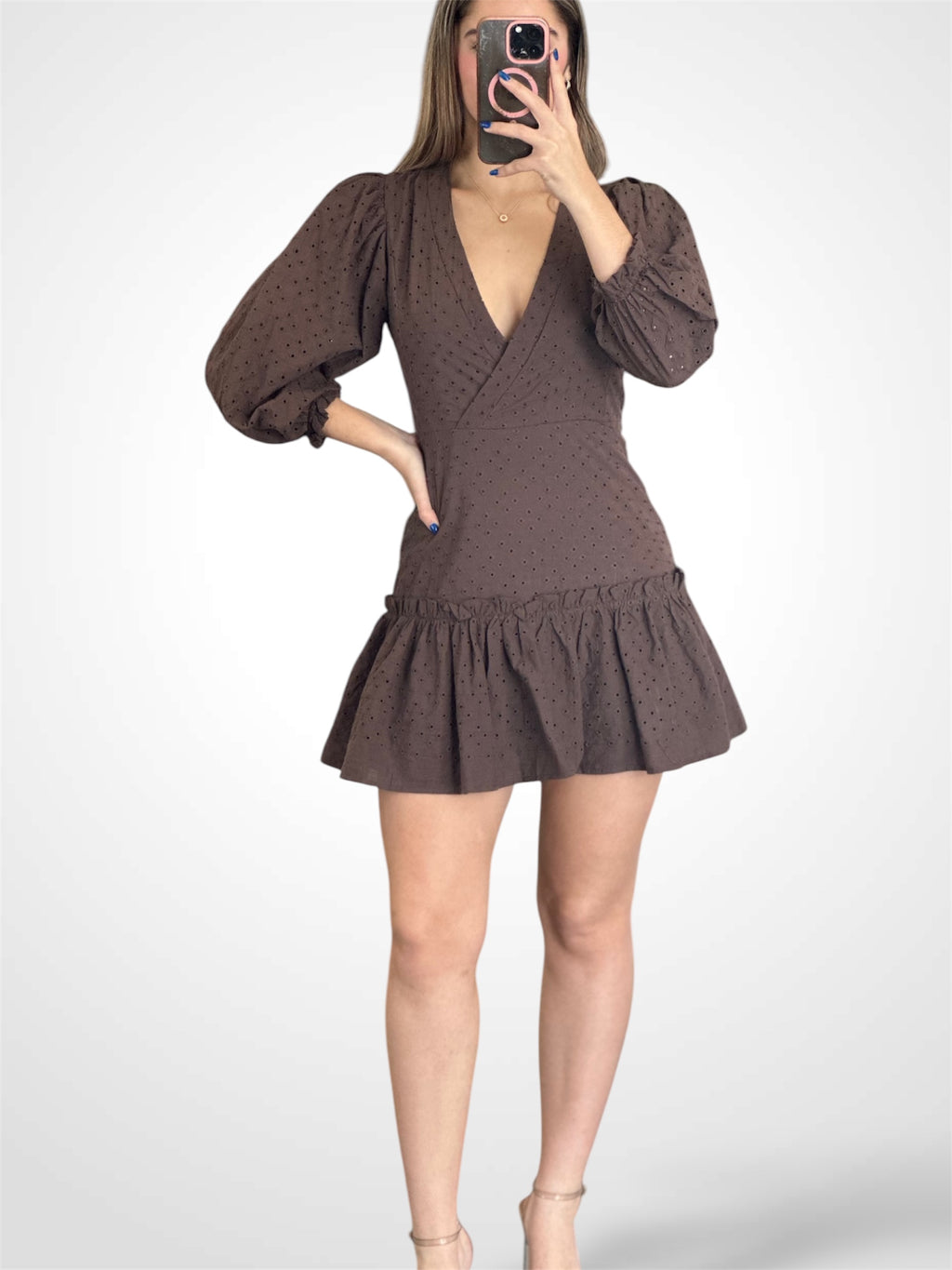 PUFF SLEEVE WRAP EYELET RUFFLE HEM MINI DRESS