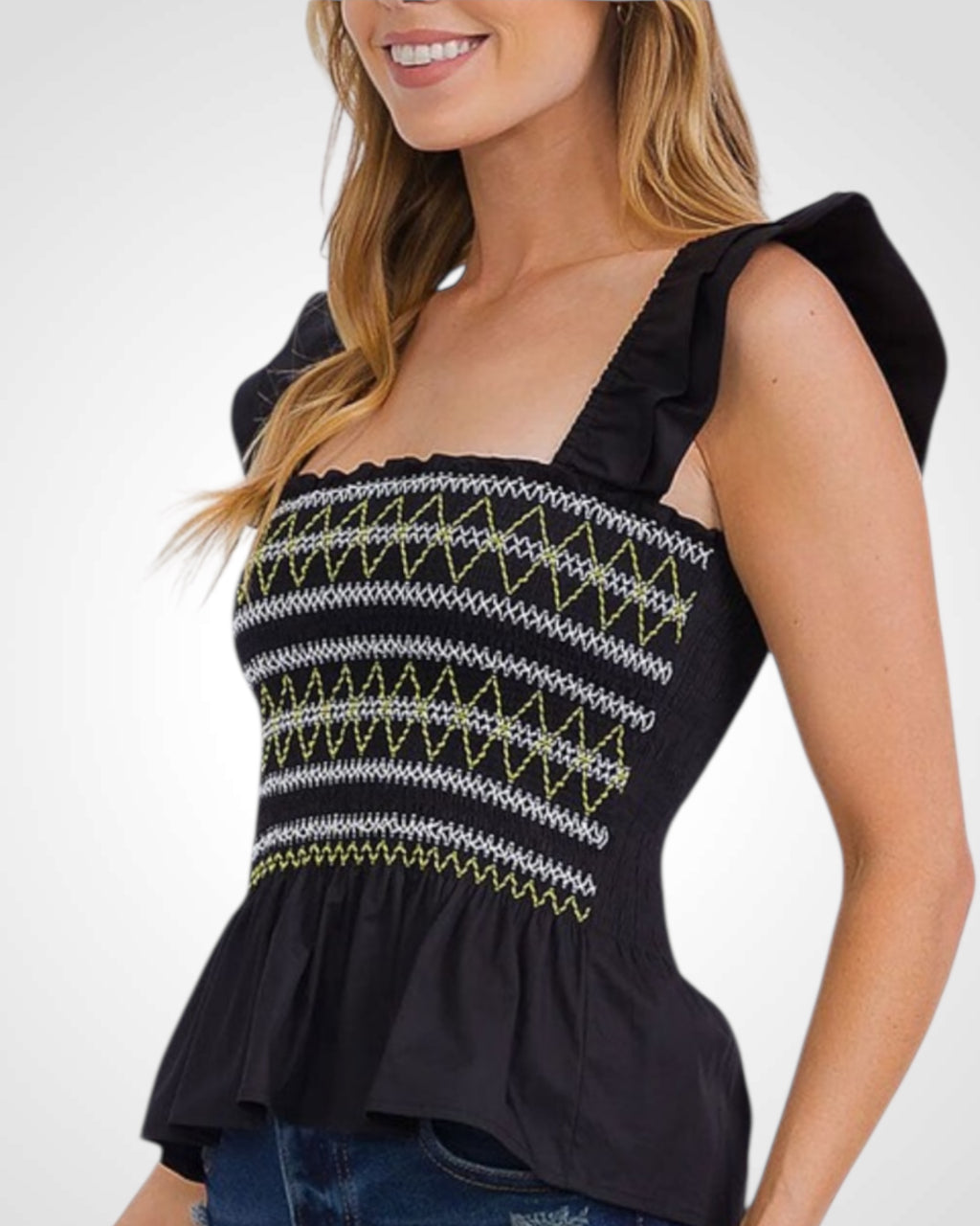 Sleeveless Square Neck Smock Peplum Tank Top