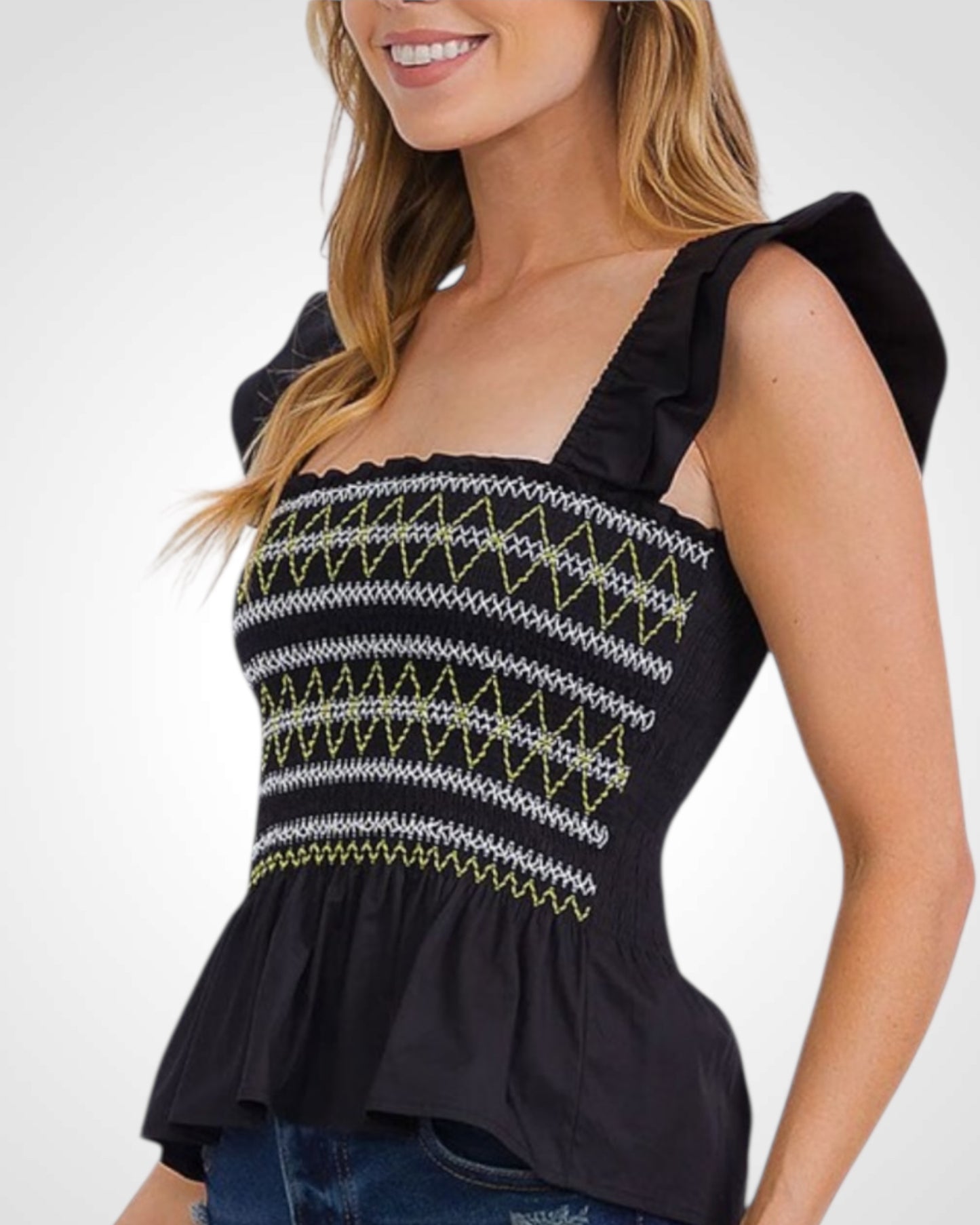 Sleeveless Square Neck Smock Peplum Tank Top