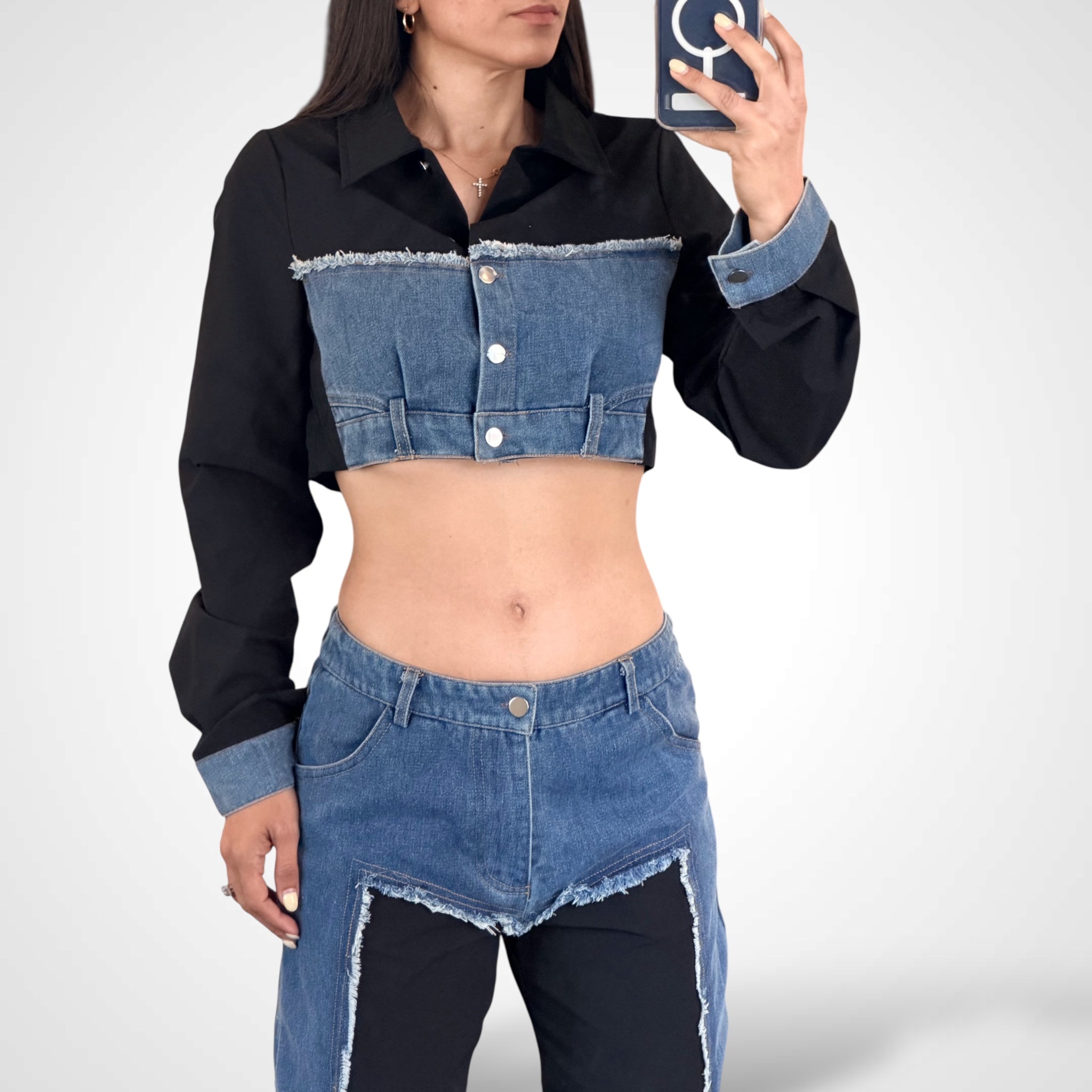 Shelly Denim Contrast Crop Shirt & Pants Set•-2