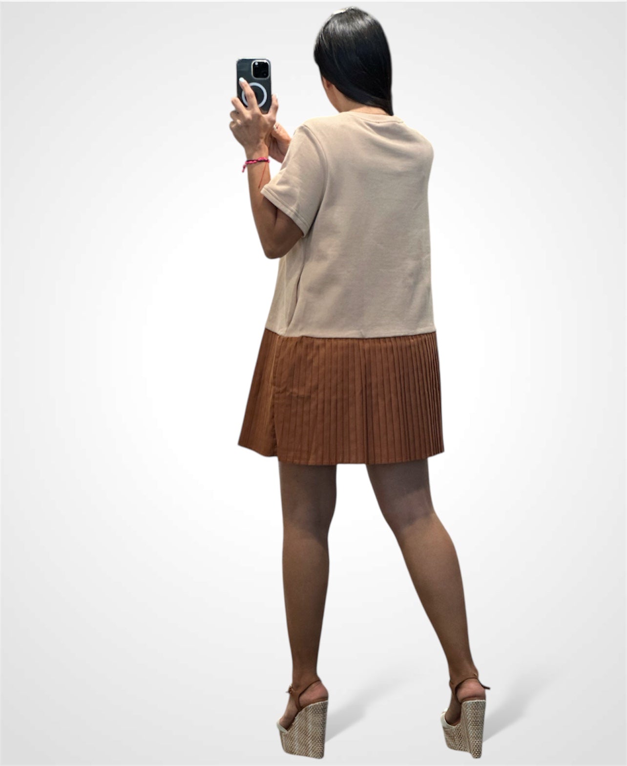 POPLIN PLEATED CONTRAST KNIT MINI DRESS