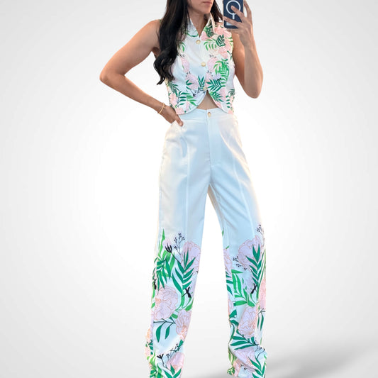 SJQ-Crop Top Button Closure Pants Floral Print Set