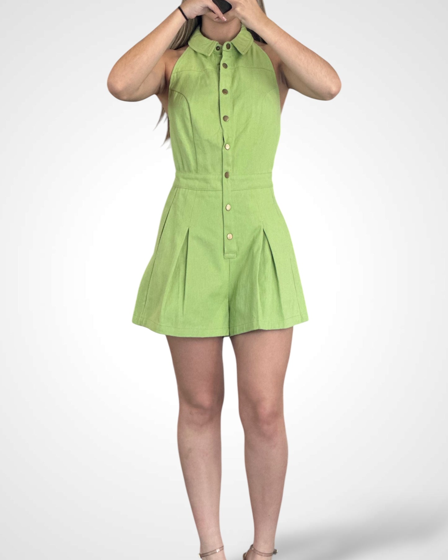 SOLID SNAP BUTTON UP FRONT TWILL HALTER ROMPER