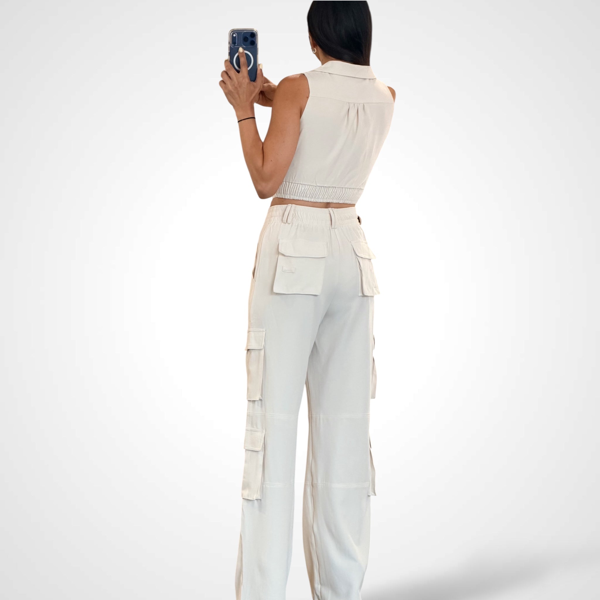 Crop Top Button Closure Pants Solid 2pc. Set•-3