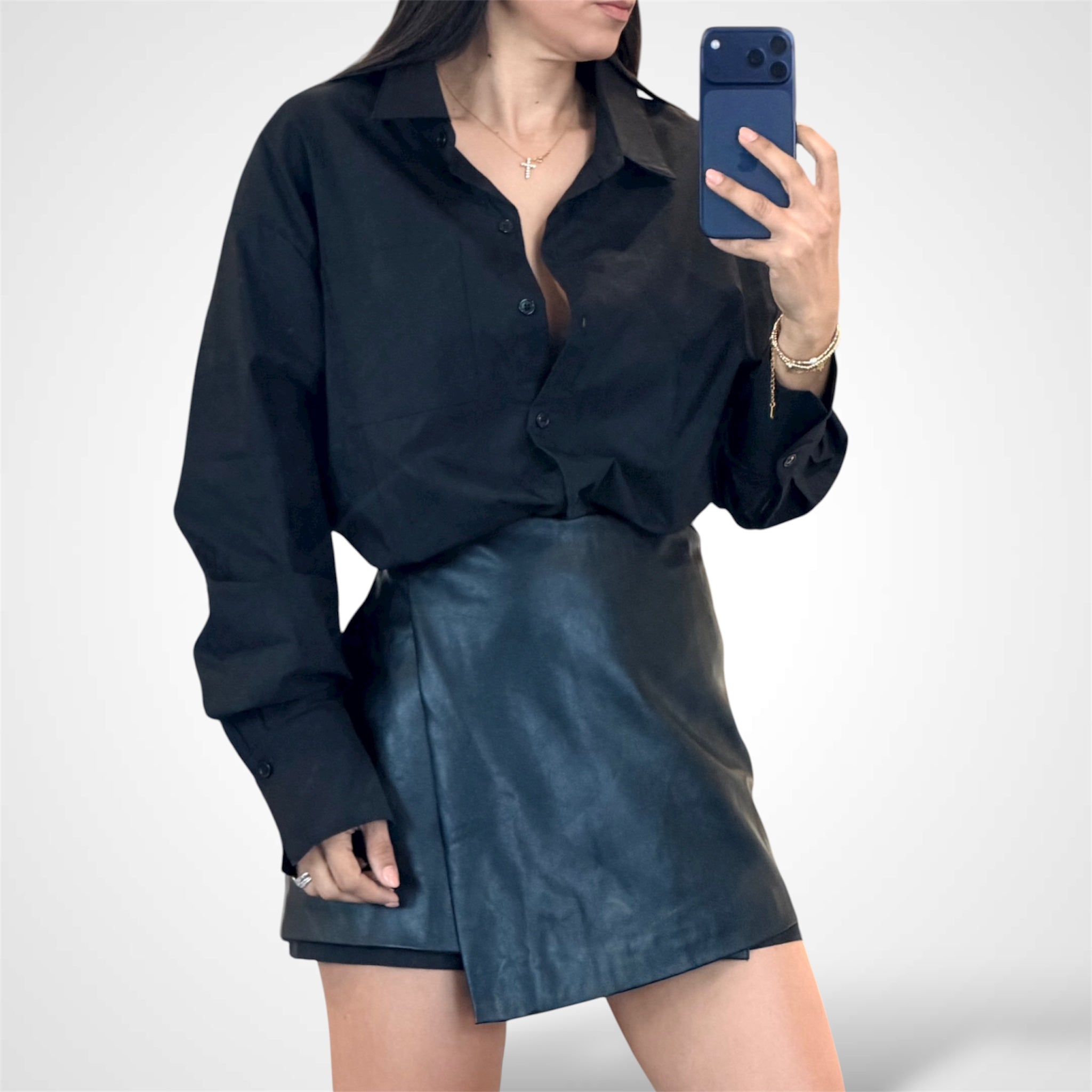 SHIRT DRESS WITH FAUX LEATHER SKIRT•