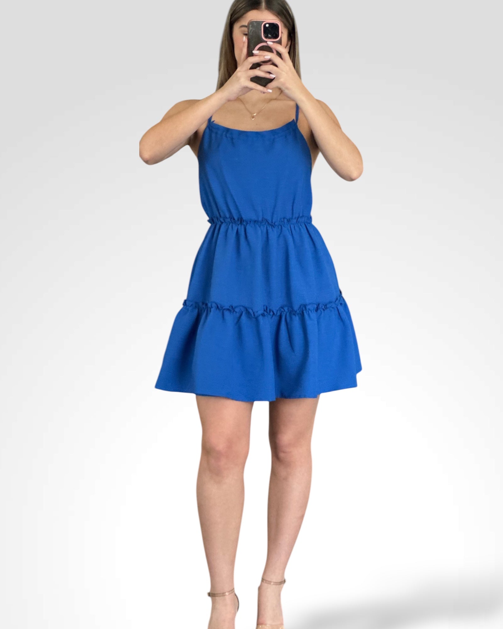 HALTER NECK OPEN BACK FLARE MINI DRESS