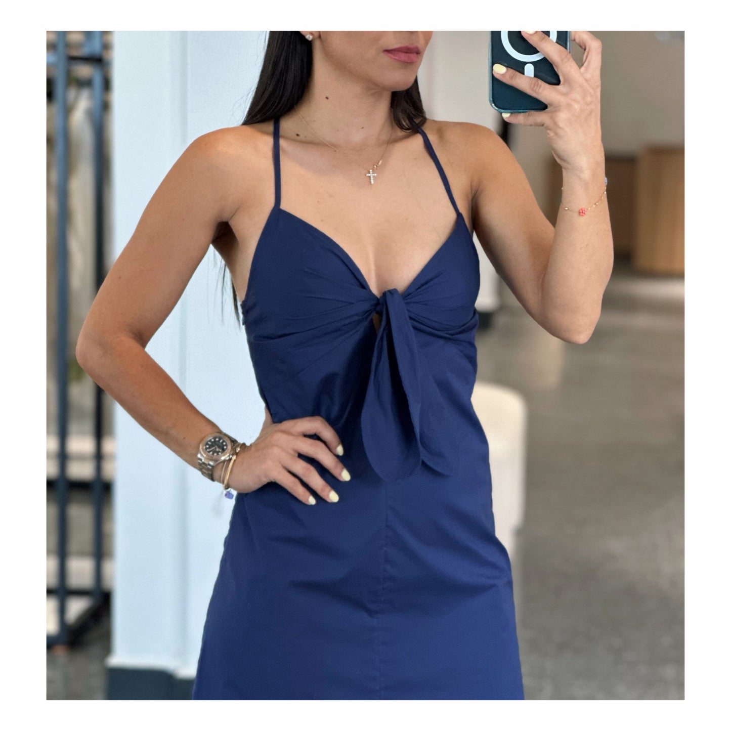 Navy Tie Front Midi Dress