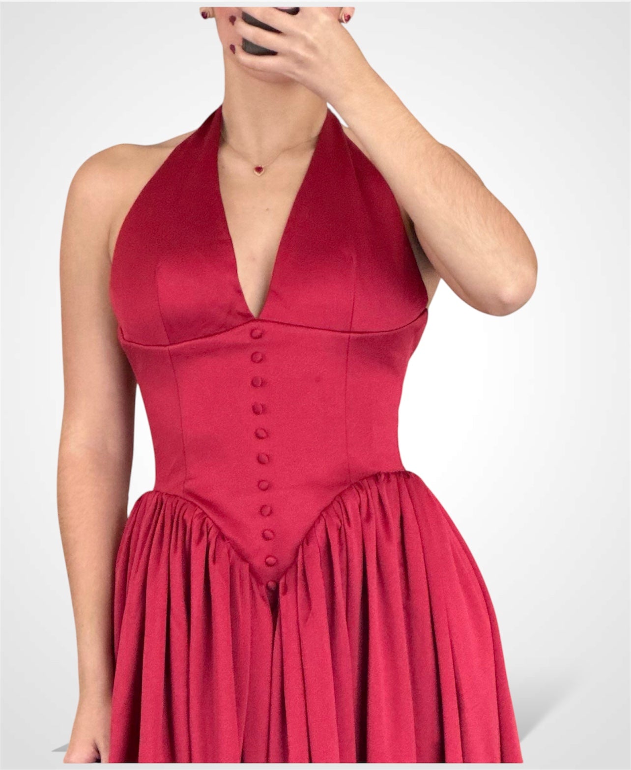 CARA RED PLUNGING HALTER BACKLESS MAXI DRESS•-3