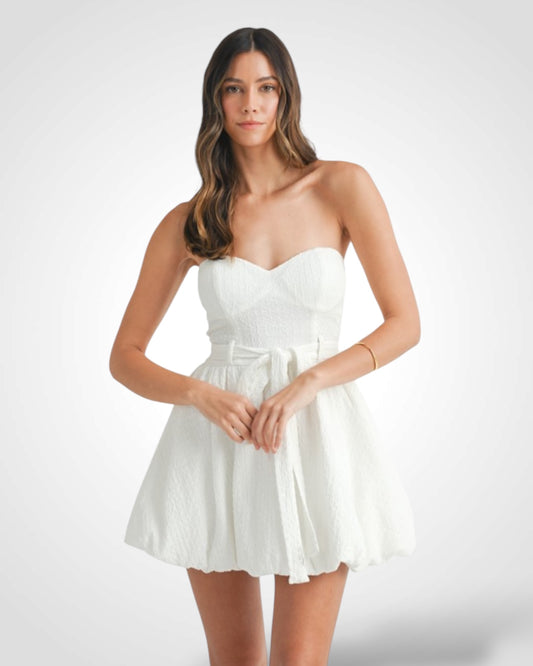 OFF WHITE TEXTURED KNIT BUBBLE HEM MINI DRESS