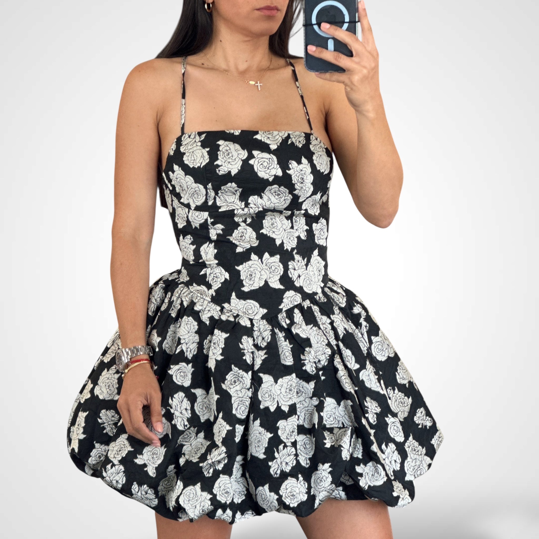 JACKUARD BUBBLE HEM MINI DRESS•