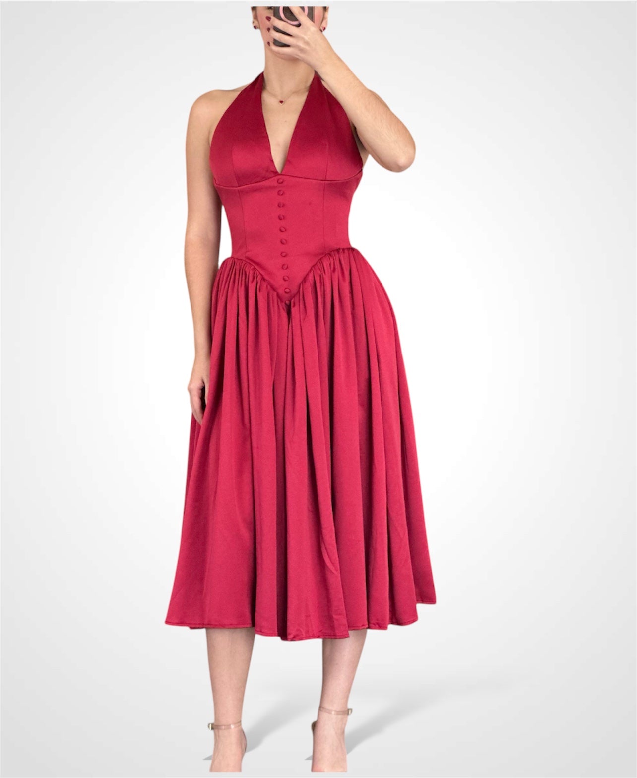 CARA RED PLUNGING HALTER BACKLESS MAXI DRESS•