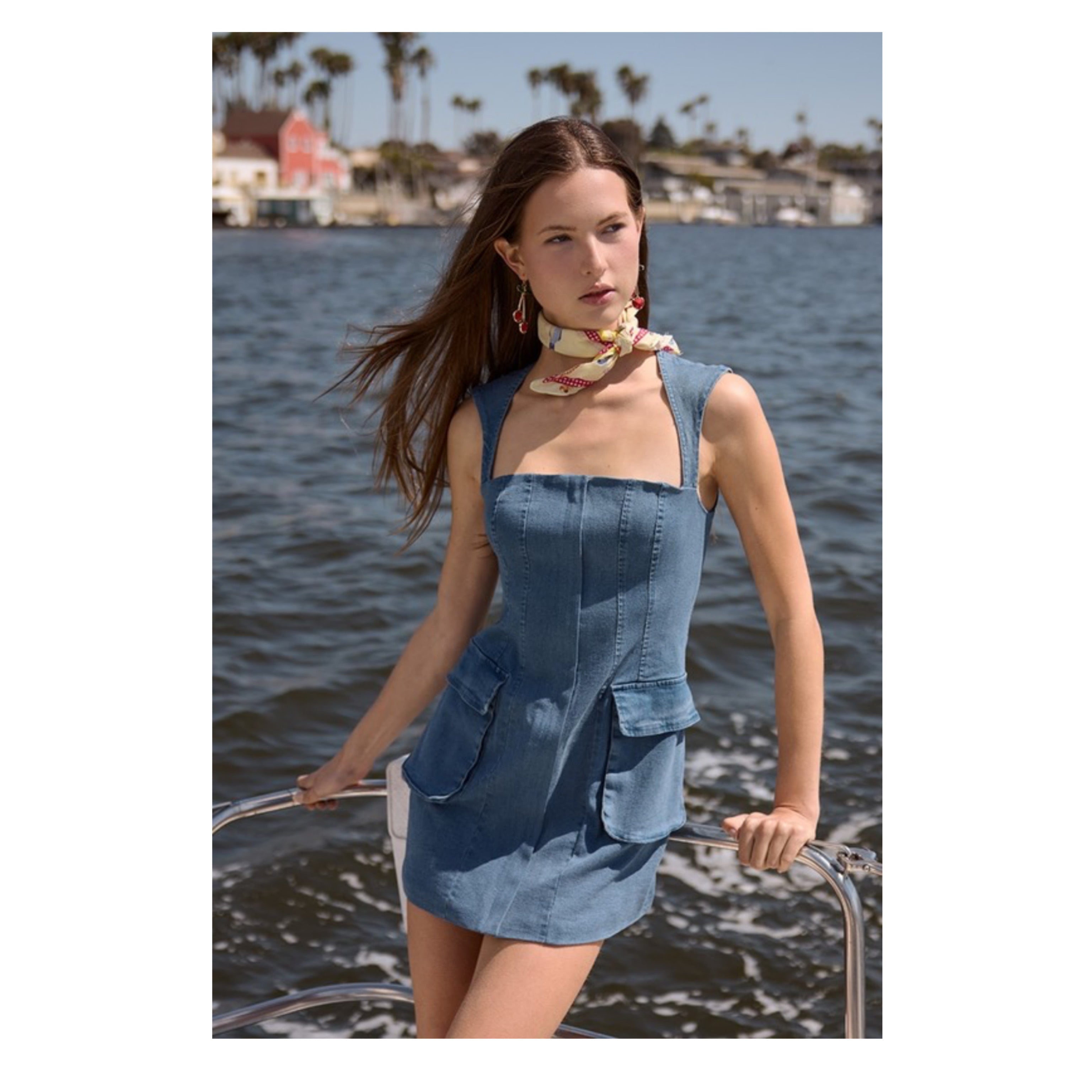 SJQ-Casual Denim Wide Strap Open Back Tie Mini Dress