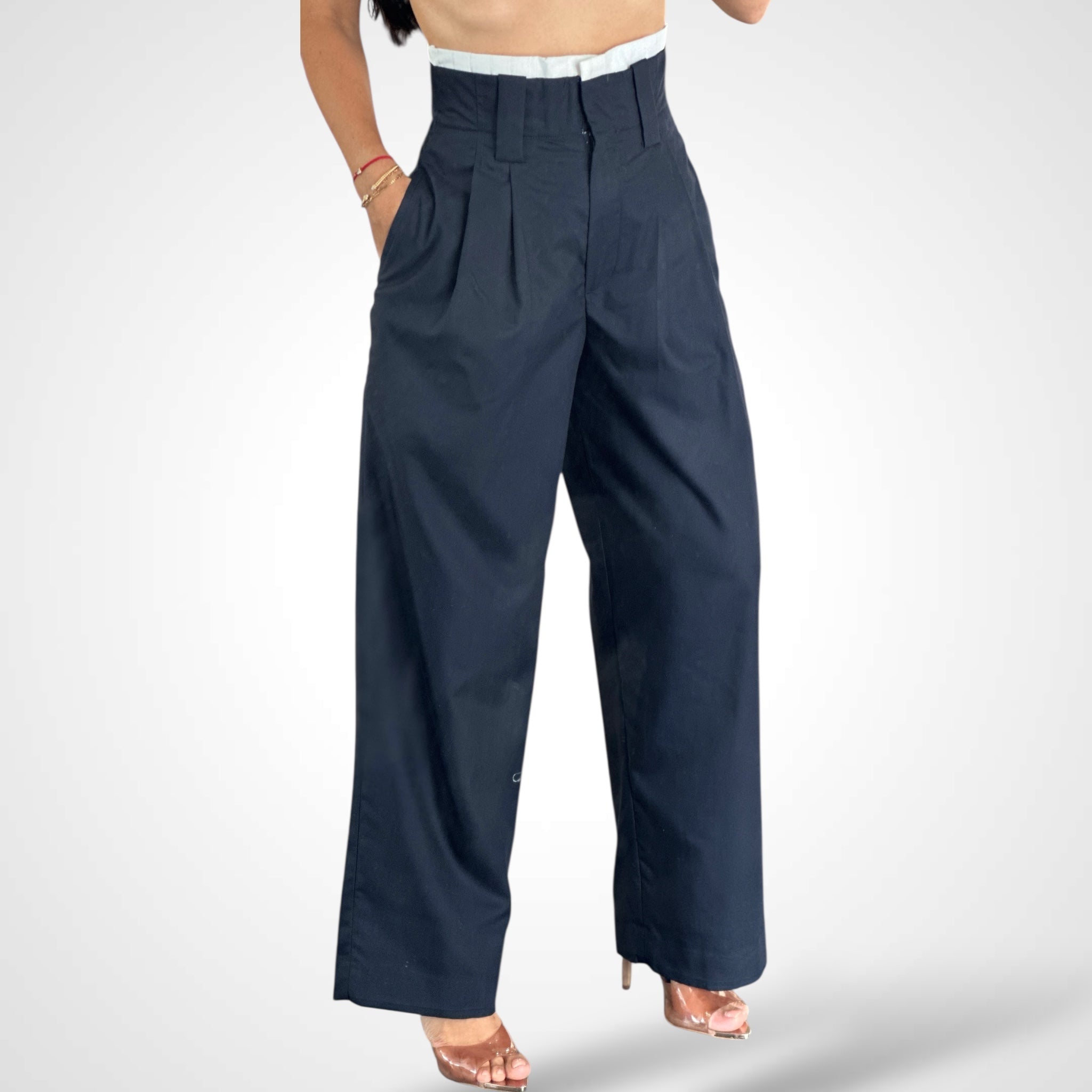 MID-RISE PINTUCK WAIST CONTRAST SUIT PANTS