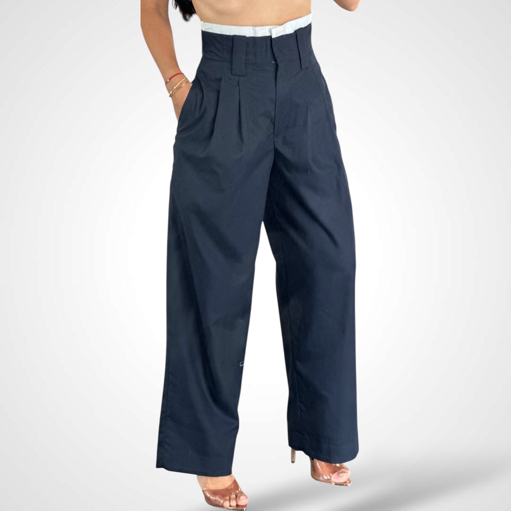 MID-RISE PINTUCK WAIST CONTRAST SUIT PANTS