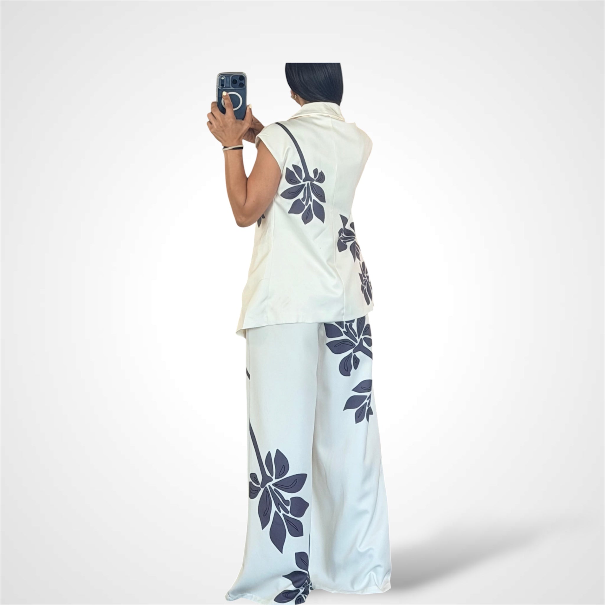 Botanical Print Wrap Vest and Wide Leg Pants Set-4