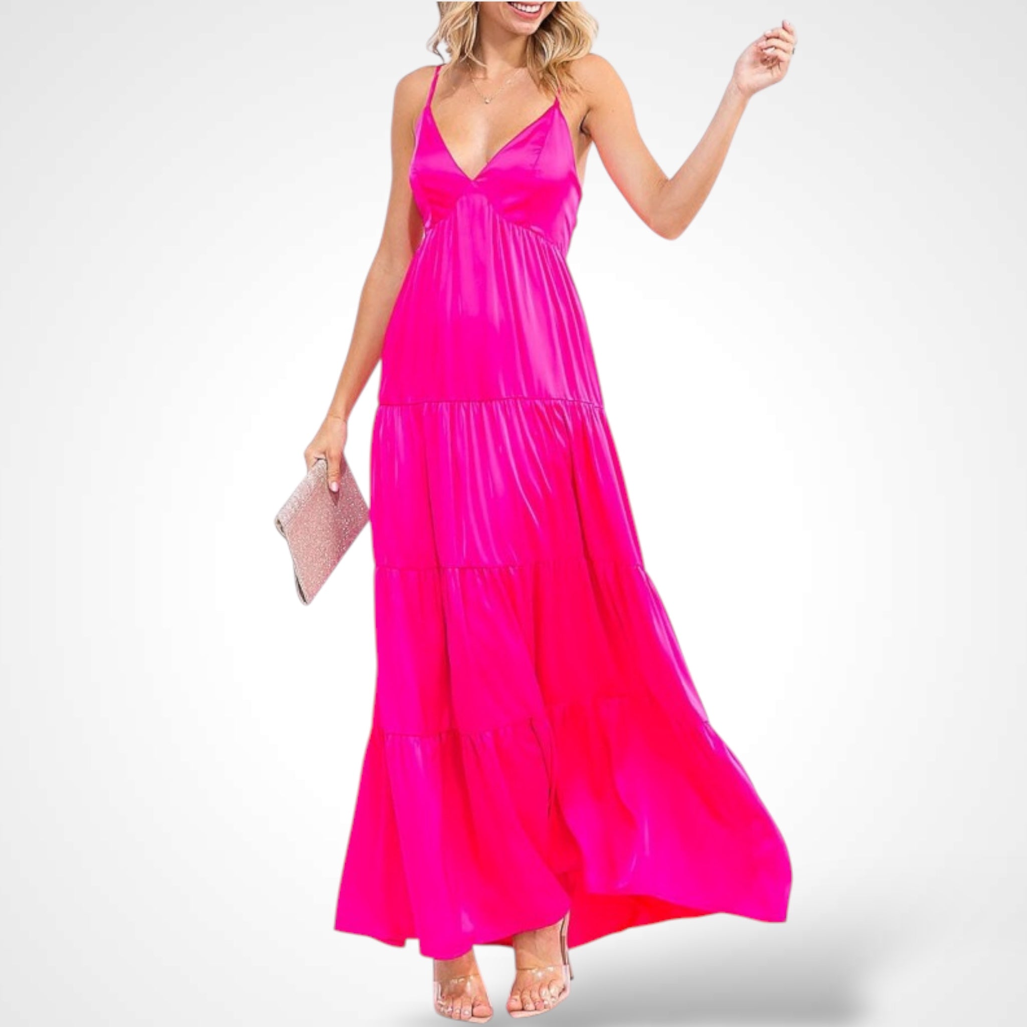 Fuchsia Sleeveless V-neck Open Back Tiered Maxi Dress