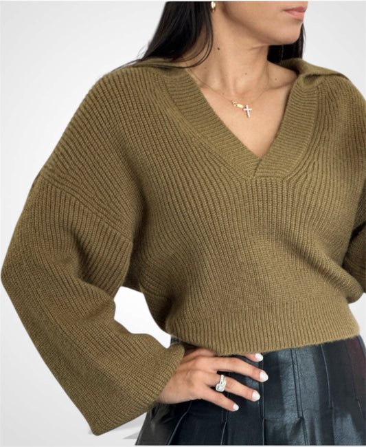 V NECK COLLARED PLAIN LIBBED CROPPED SWEATER