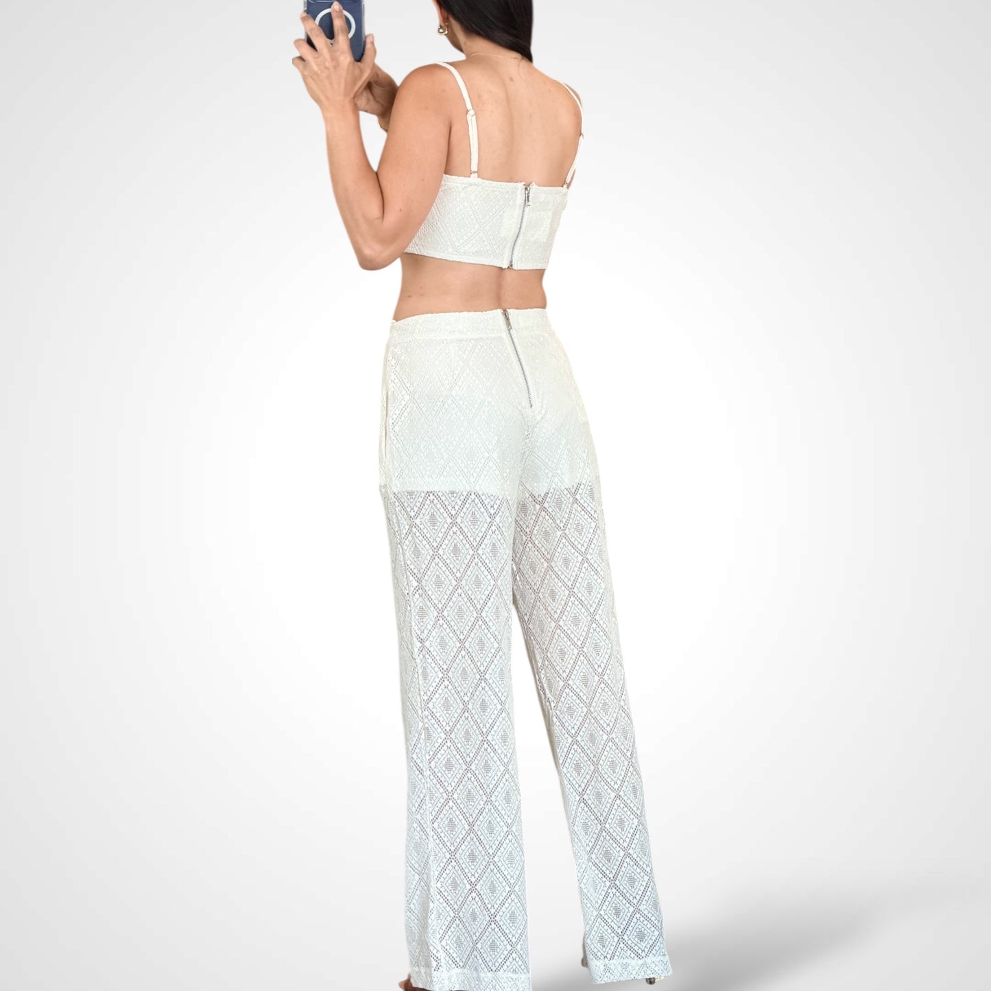 Crop Top Elastic Waist Pants Sequins Lace Set