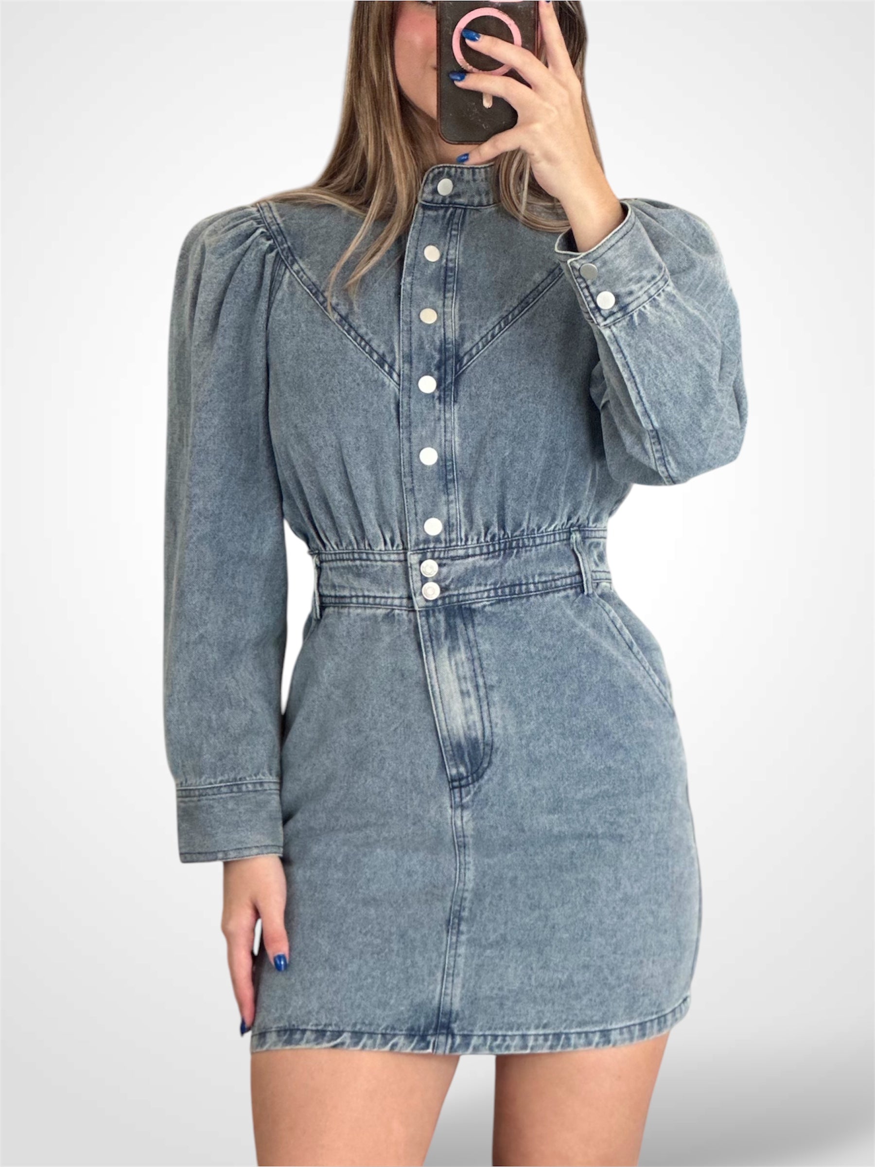 BUTTON UP FRONT POCKETS DENIM MINI DRESS•