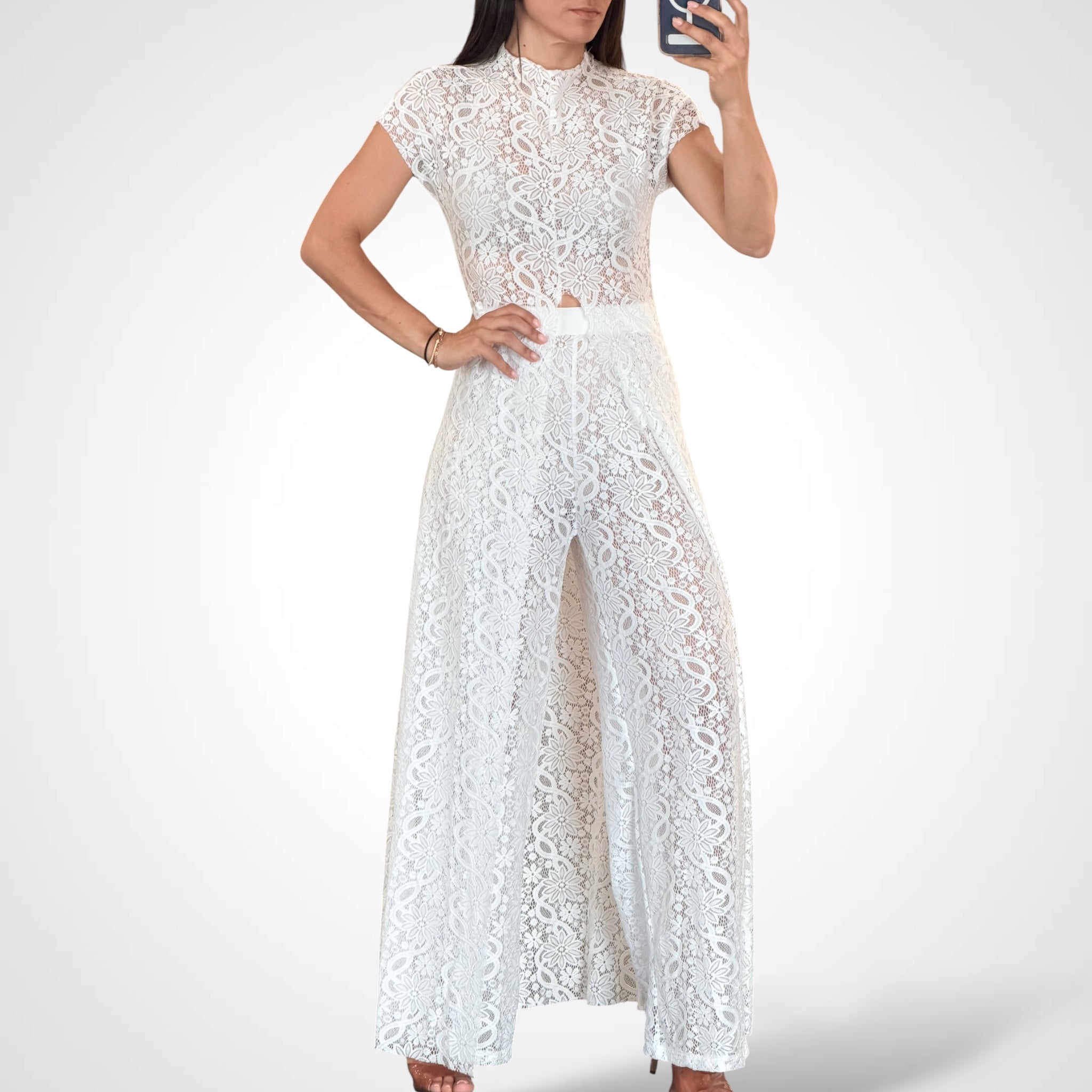 Straight Leg Pants Set with Lace Long Coat