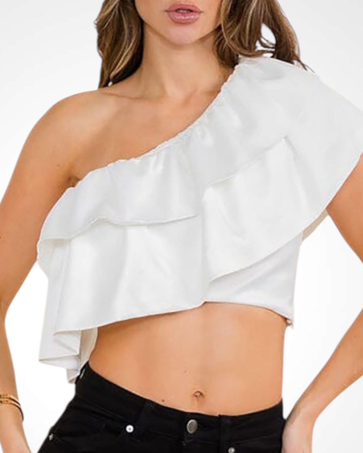 SOLID ONE SHOULDER RUFFLE DETAIL CROP TOP