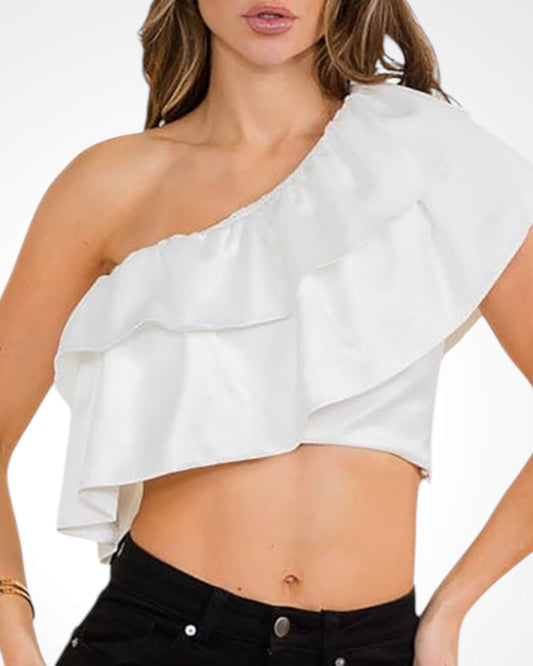 SOLID ONE SHOULDER RUFFLE DETAIL CROP TOP