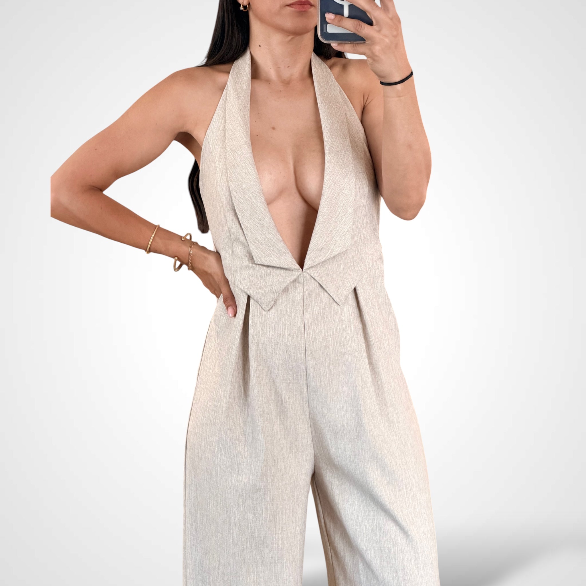 Halterneck Tailored Vest Jumpsuit With Plunging Neckline-2