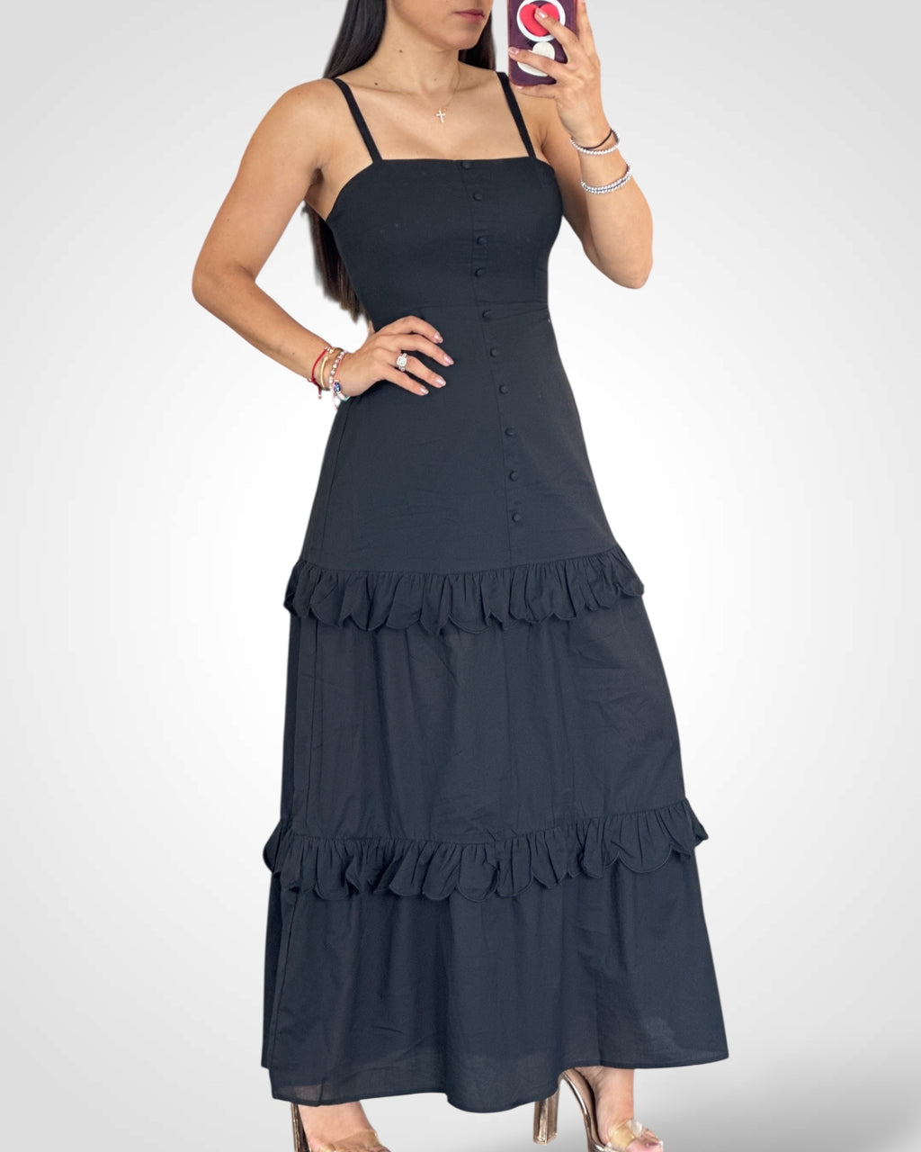 Button Detailed Tiered Ruffle Open Back Maxi Dress