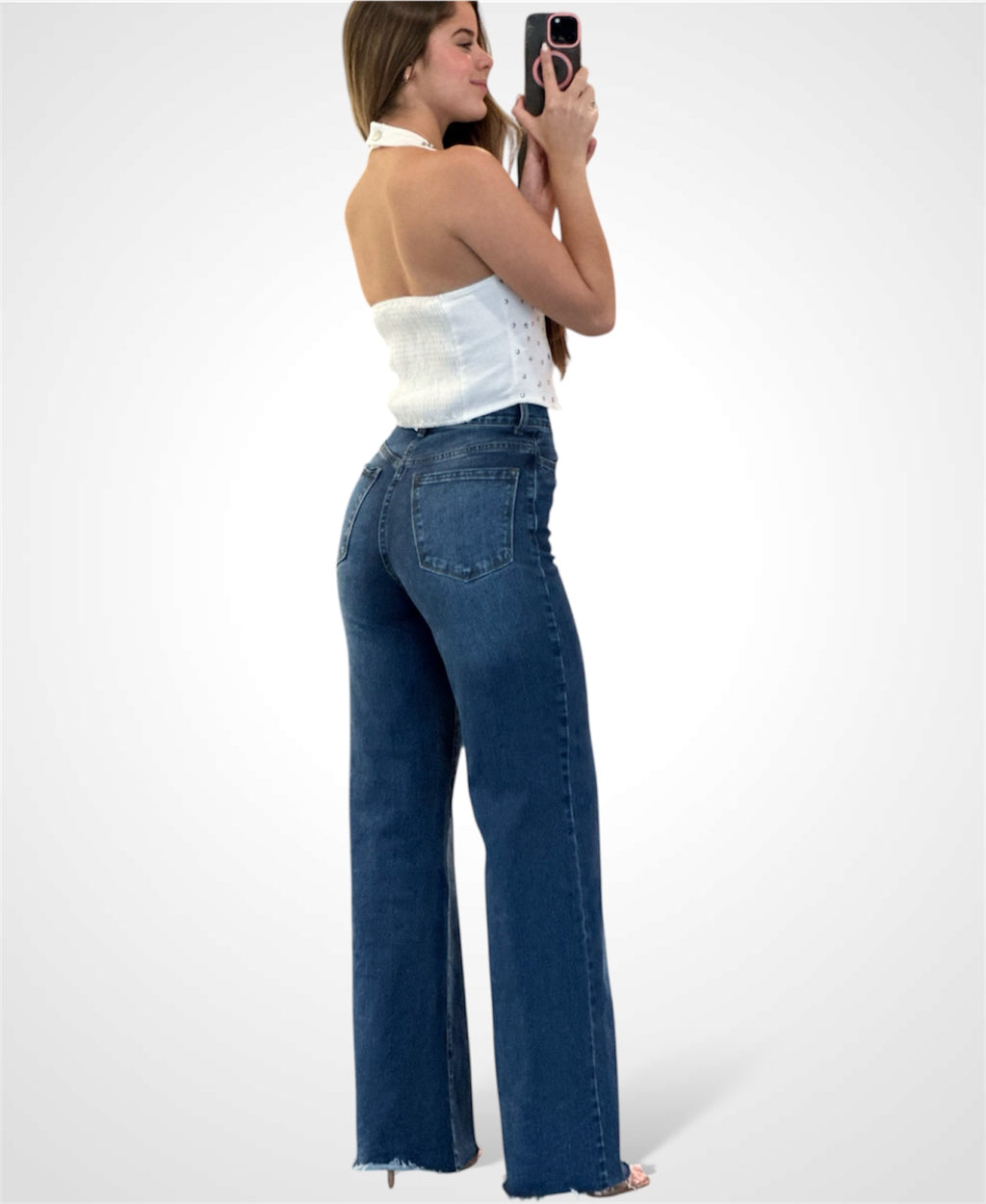 STUDED STAR HALTER BUTTON UP DENIM TOP