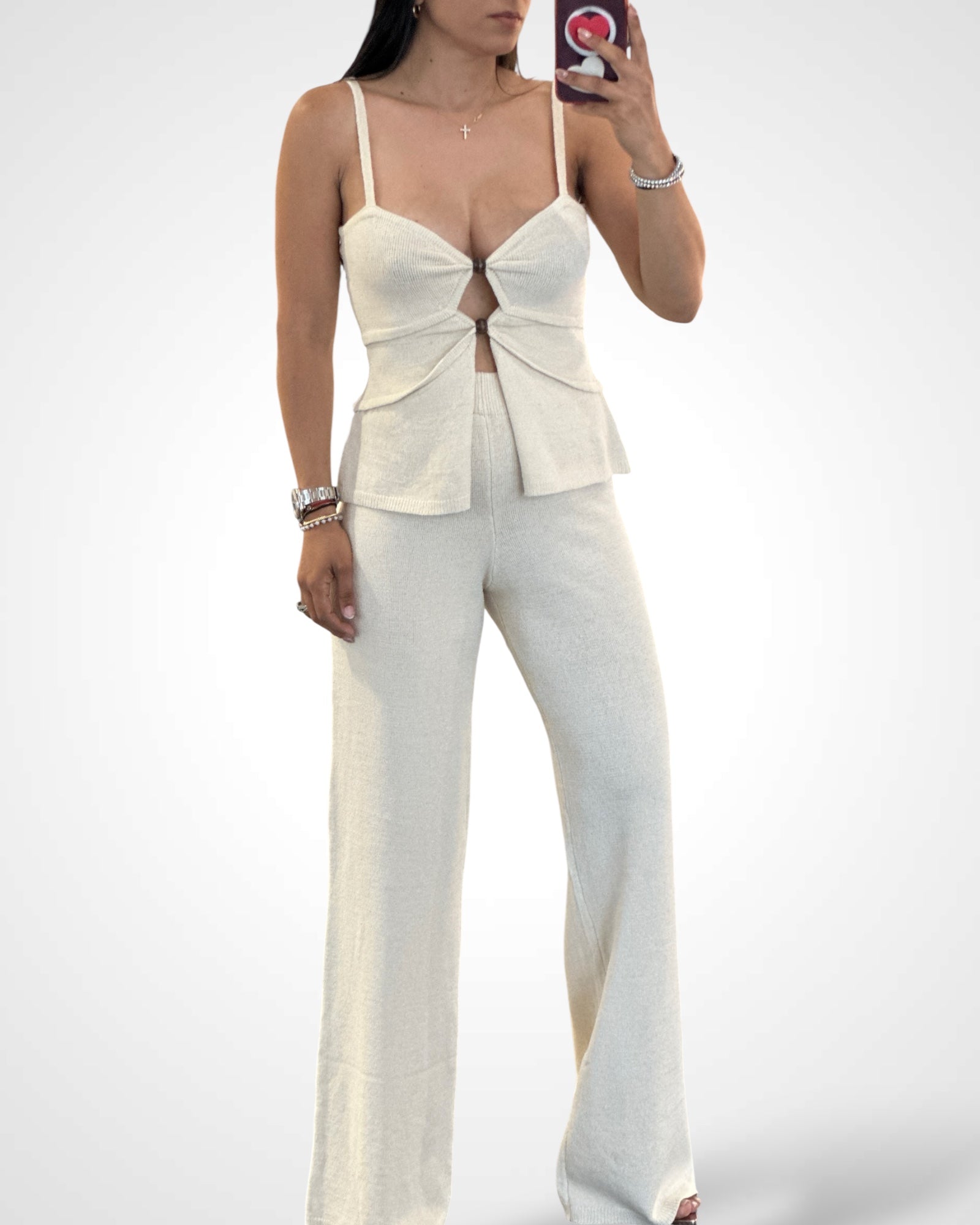 Cream Knit Long and Top Pants Set•-1