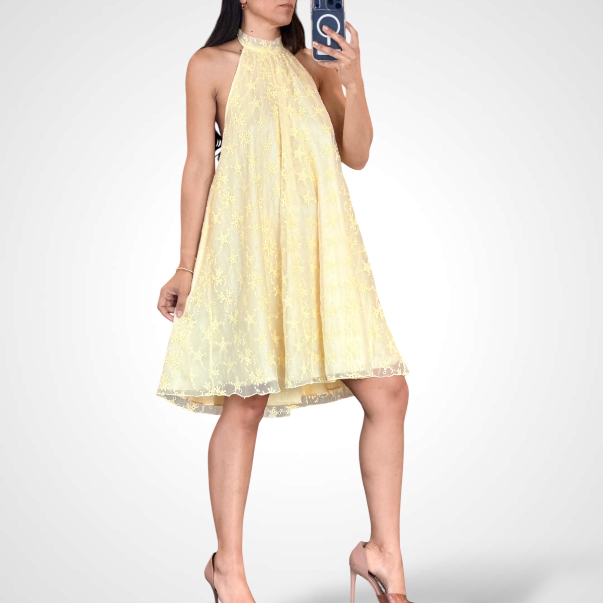 Halter Neck Open Back Crochet Floral Mini Dress•-2