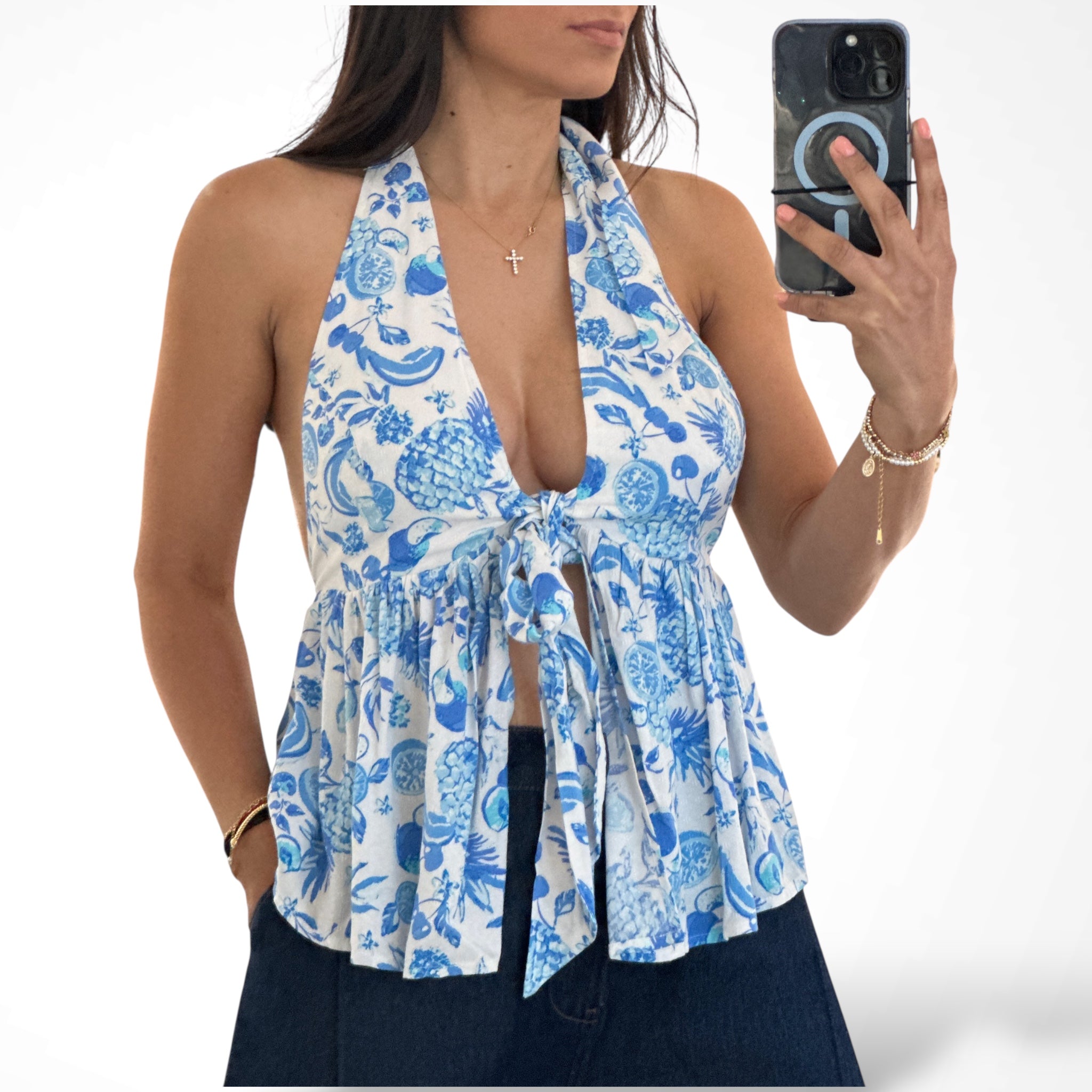 Tropical Halter Front Tie Open Back Ruffle Top