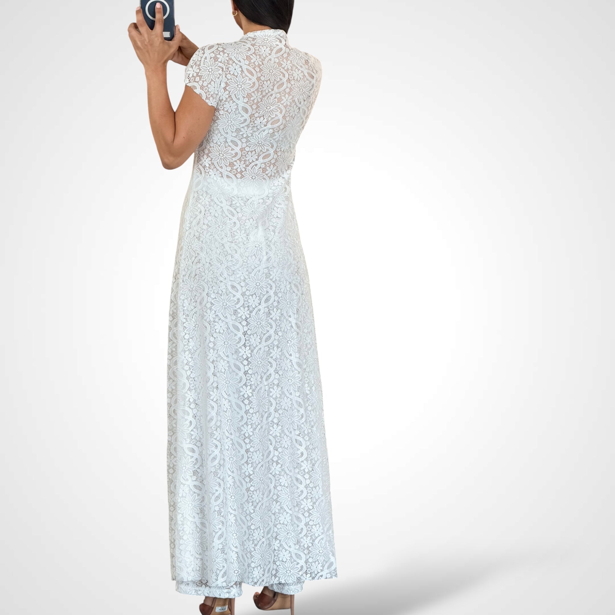 Straight Leg Pants Set with Lace Long Coat-3