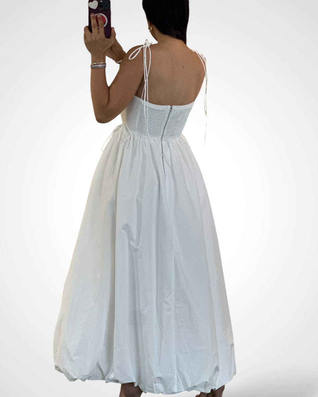 White Spagehtti Self Tie Strap Bubble Hem Midi Dress