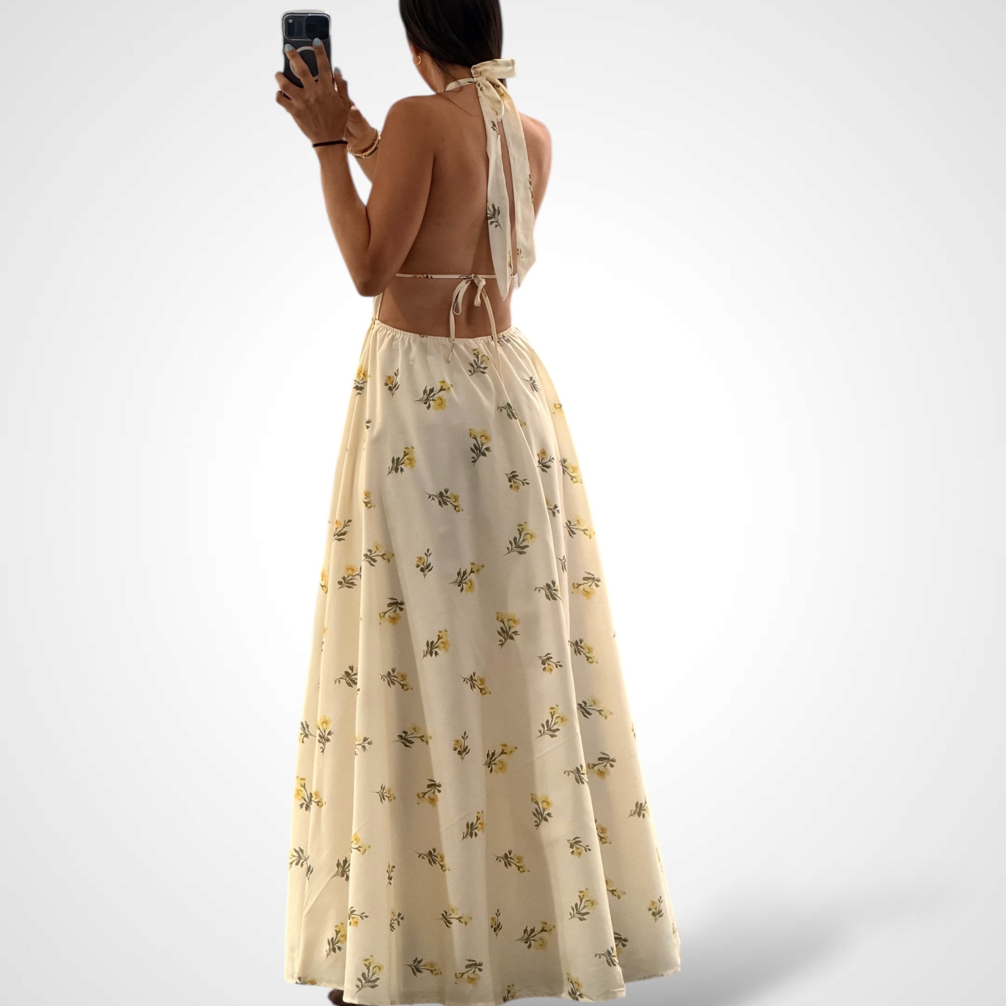 Yellow Floral Halter Dress•-3
