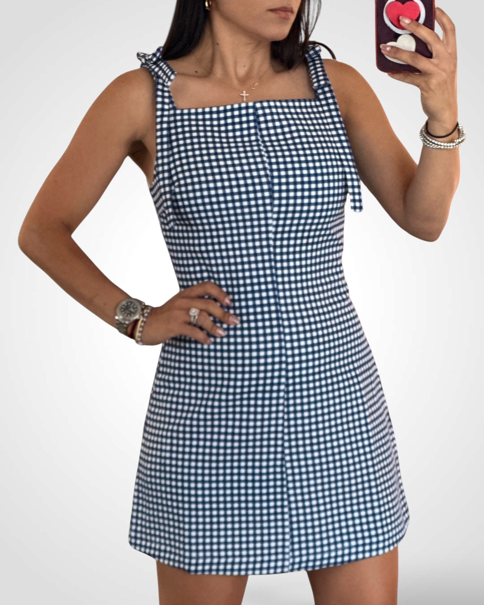 Gingham Mini Dress With Bow Detail-1