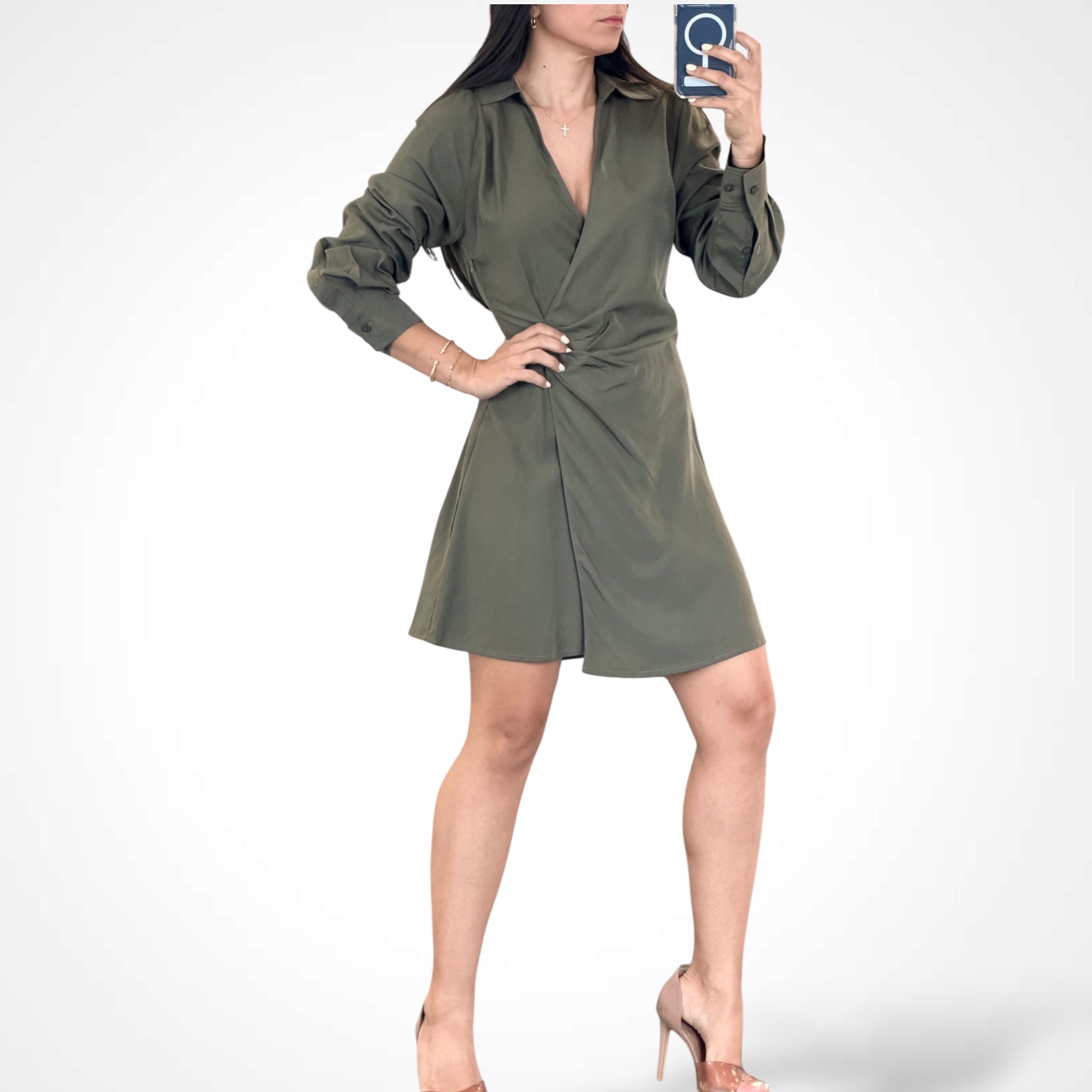 V-neck Long Sleeves Mini Dress•-2
