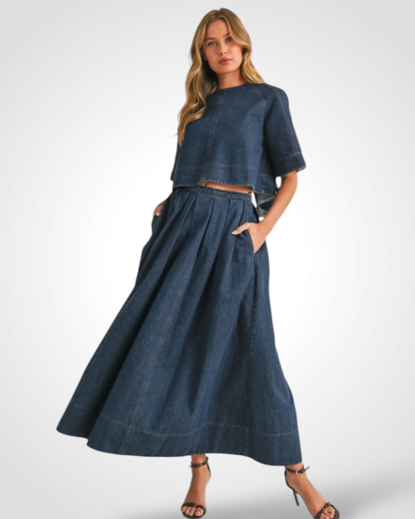 DENIM FLARED A-LINE MIDI SKIRT WITH SIDE POCKETS•