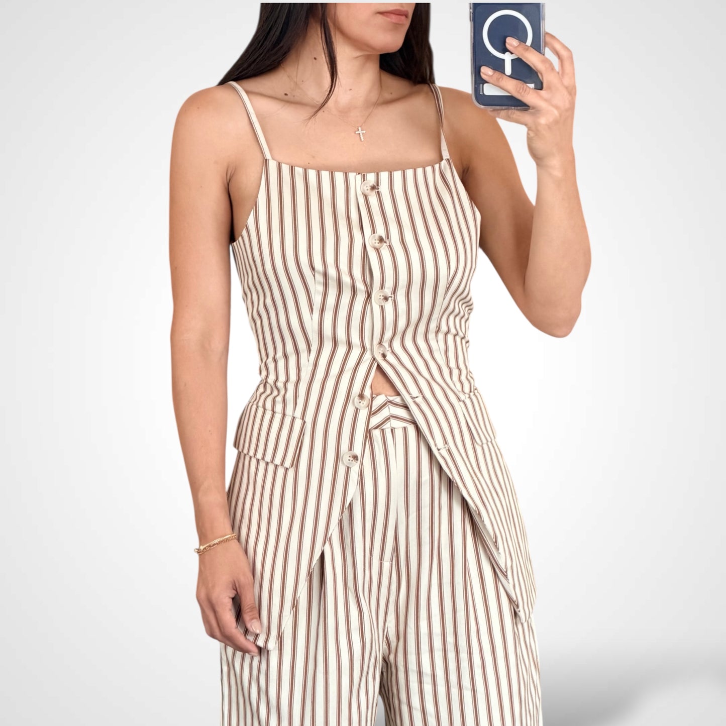 Blouse Button Closure Stripes Pants Colorblock Set