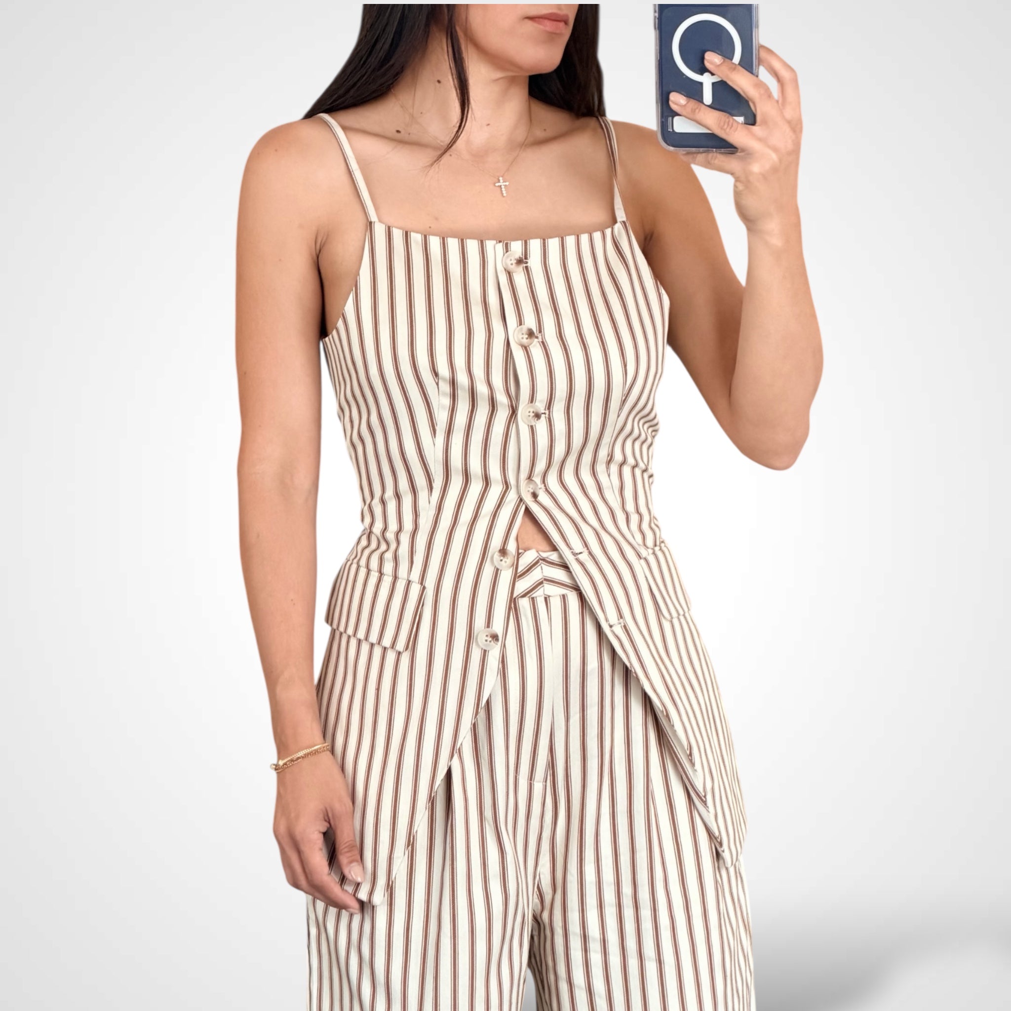 Blouse Button Closure Stripes Pants Colorblock Set•-2
