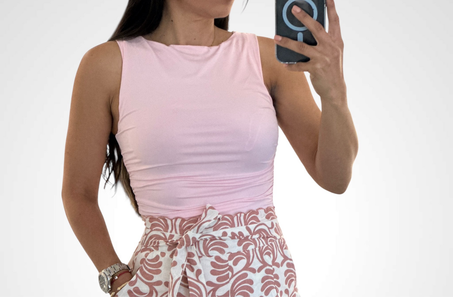 Baby Pink Solid Color Boat Neck Body-conscious Fit Plain Top