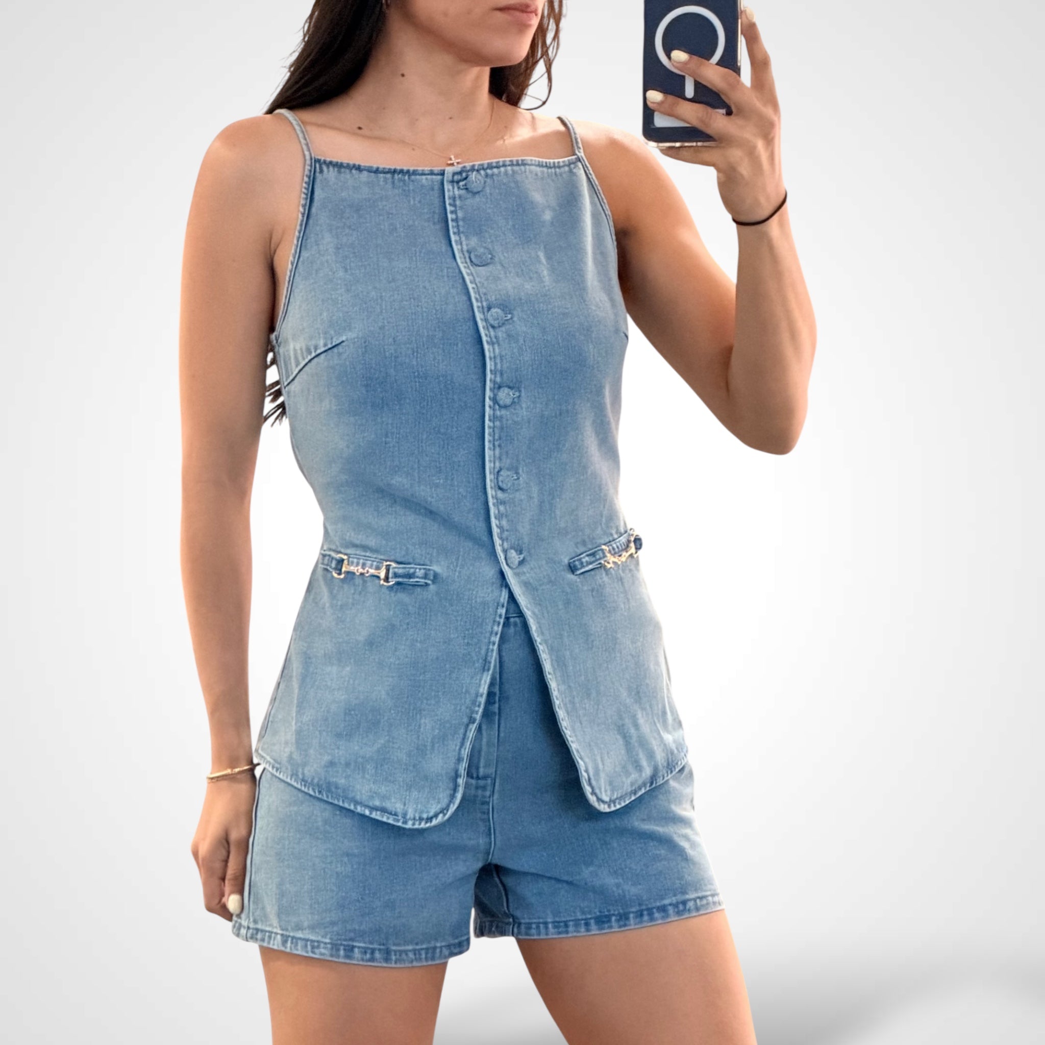 Denim Short Set Detail Silver•-1